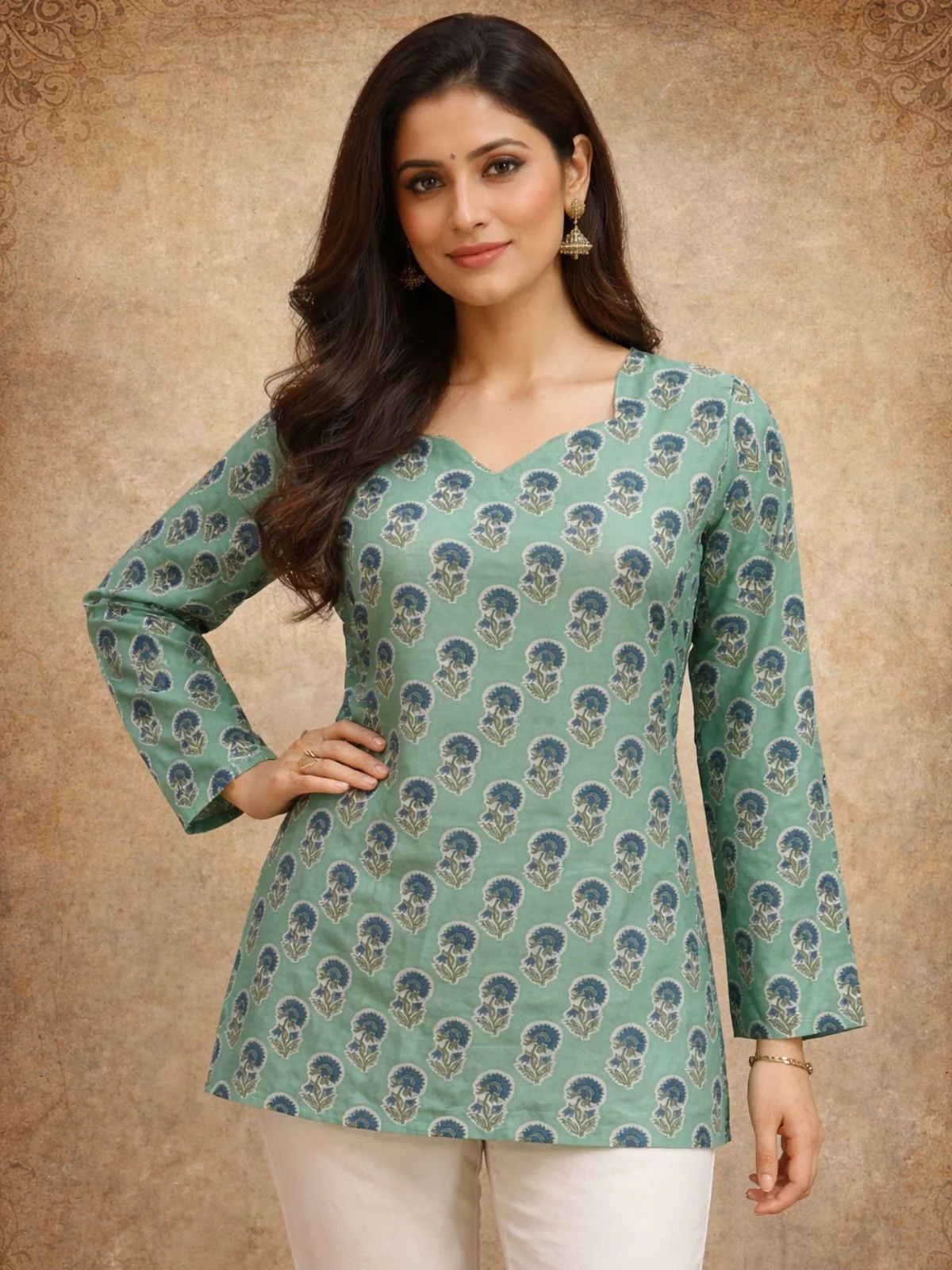 Odette Pastel Green Silk Blend Printed Solid Kurti For Women - Image 4