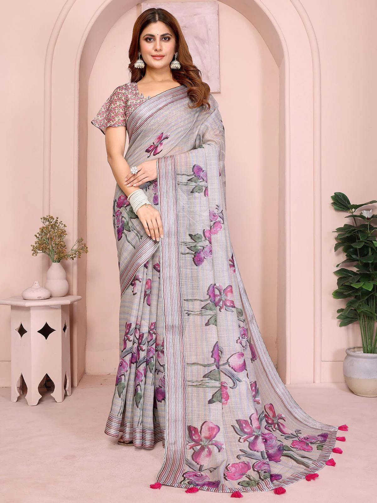 Odette Pastel Grey Cotton Linen Solid Printed Saree For Women