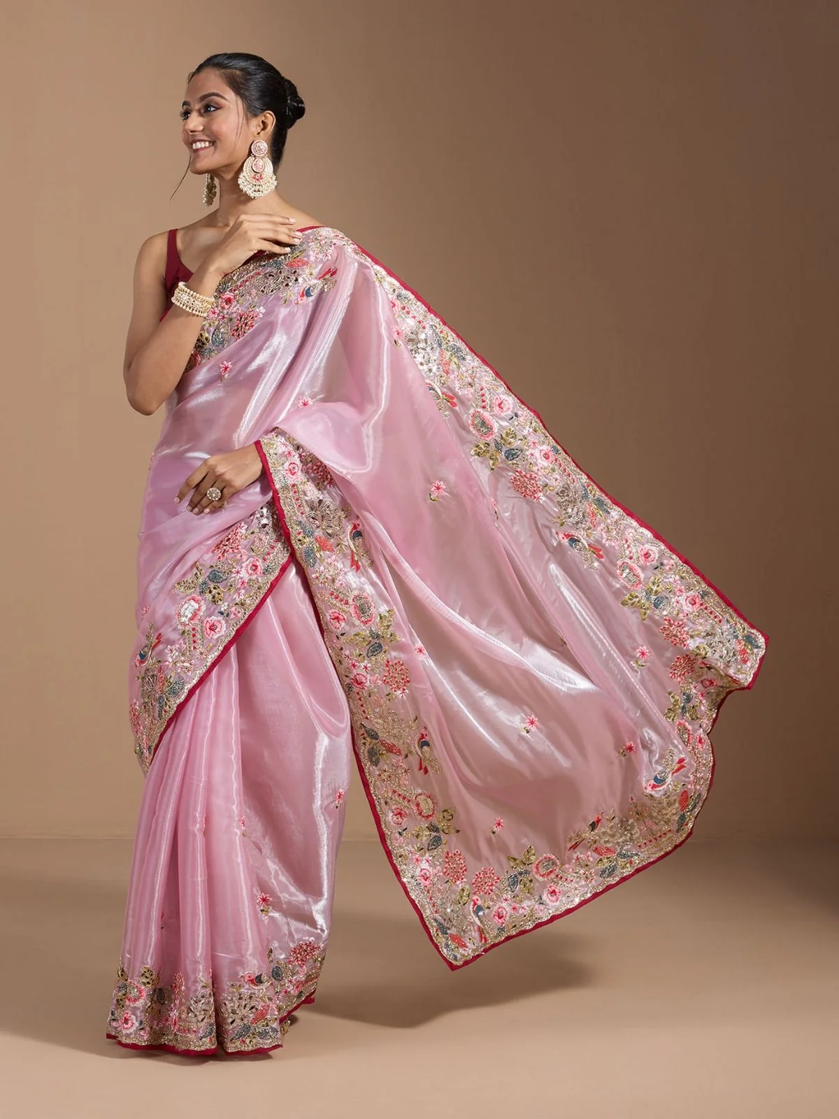 Odette Pastel Pink Organza Embroidered Solid Saree For Women