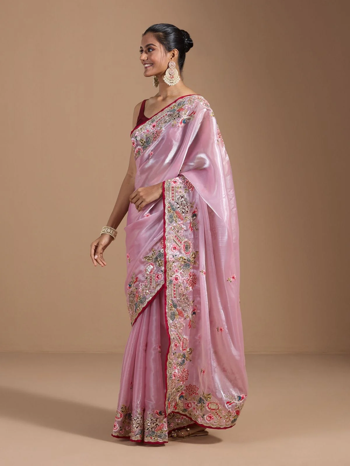 Odette Pastel Pink Organza Embroidered Solid Saree For Women - Image 3