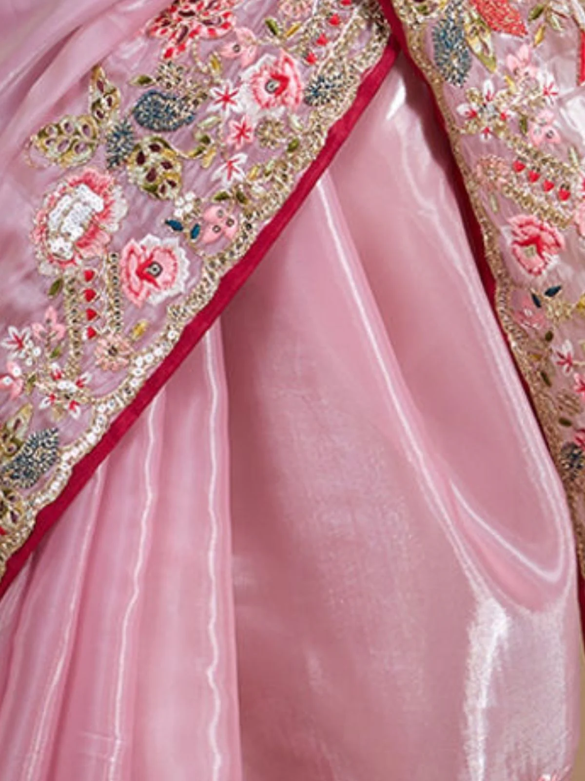 Odette Pastel Pink Organza Embroidered Solid Saree For Women - Image 5