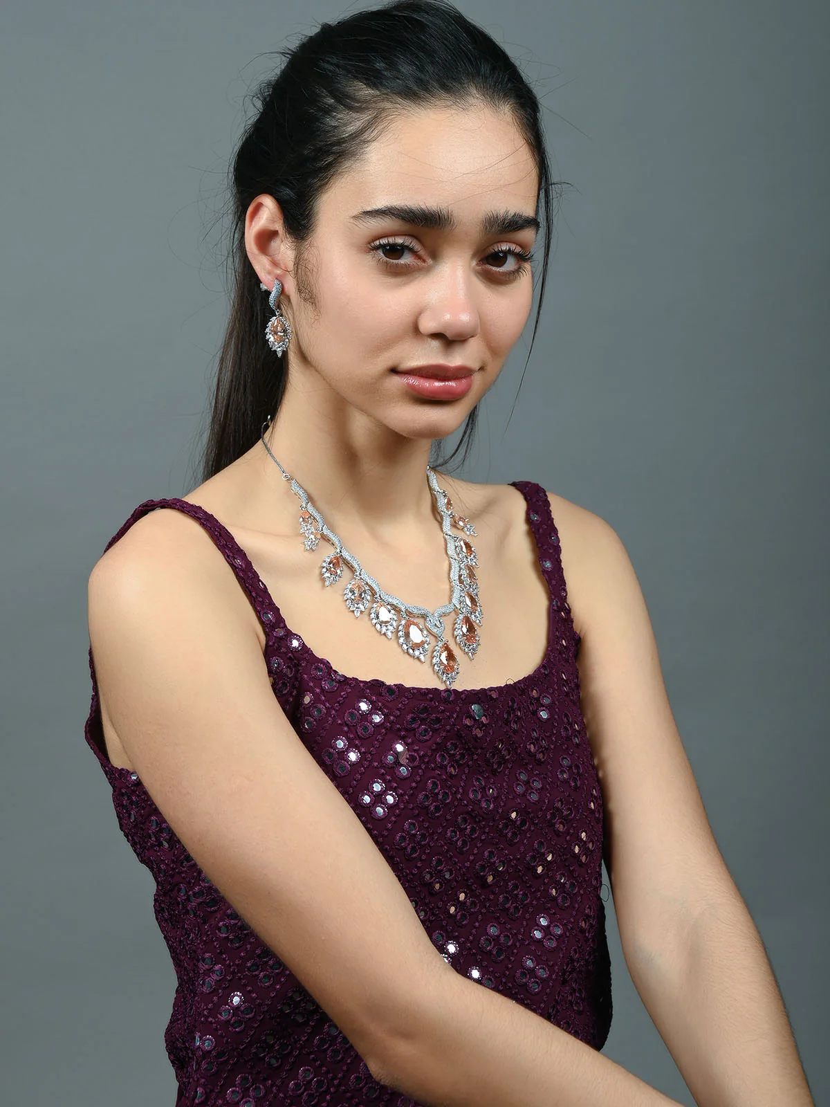 Odette Peach Alloy Embellished Jewellery Set For Women - Image 2