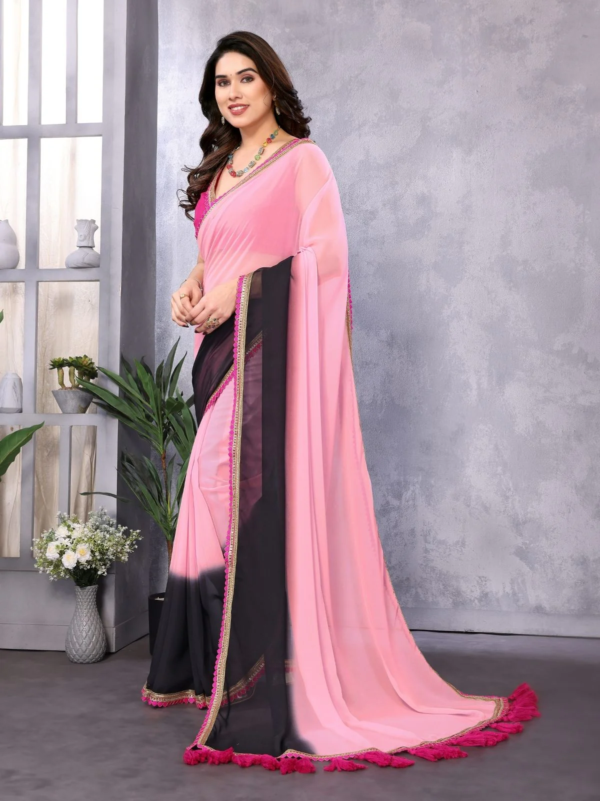 Odette Peach And Black Georgette Lace Work Saree With Unstitched Blouse For Women - Image 2