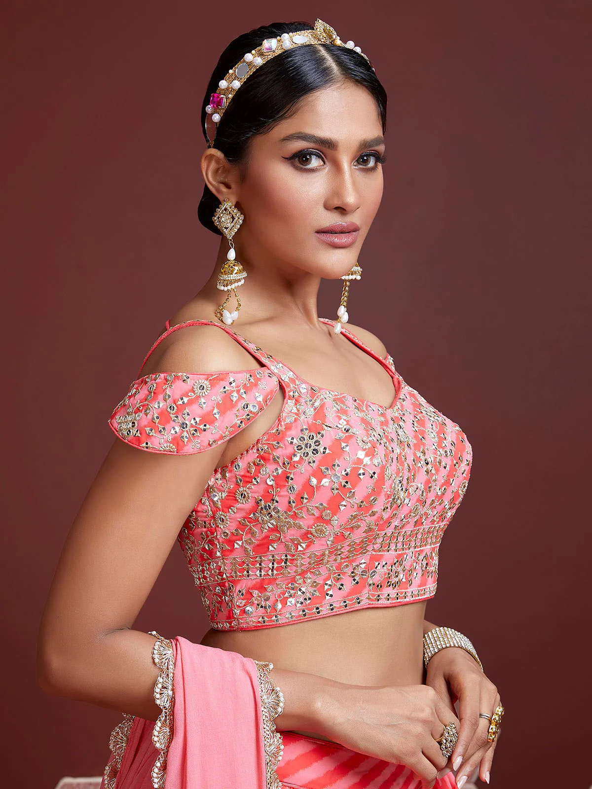Odette Peach And Pink Organza Silk Embellished Semi Stitched Lehenga With Unstitched Blouse For Women - Image 2