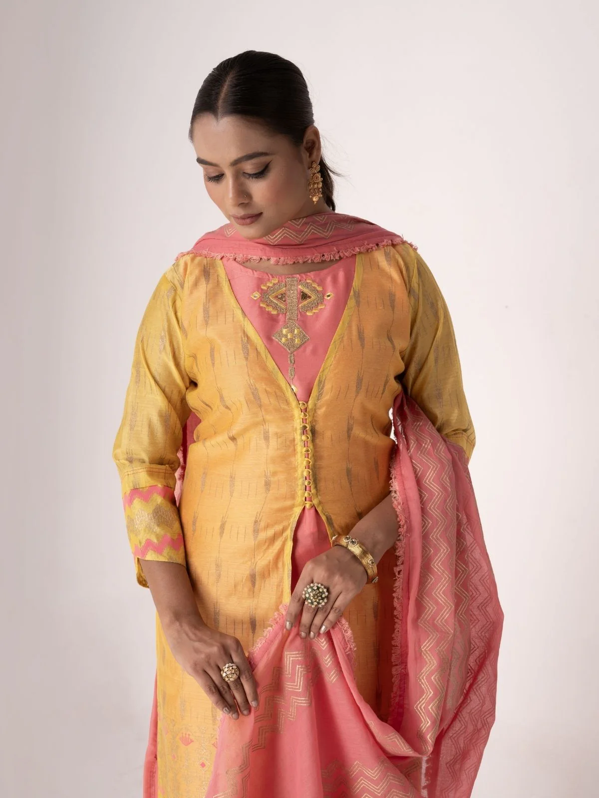 Odette Peach And Yellow Art Silk Printed And Embroidered Semi-Stitched Kurta Set For Women - Image 4