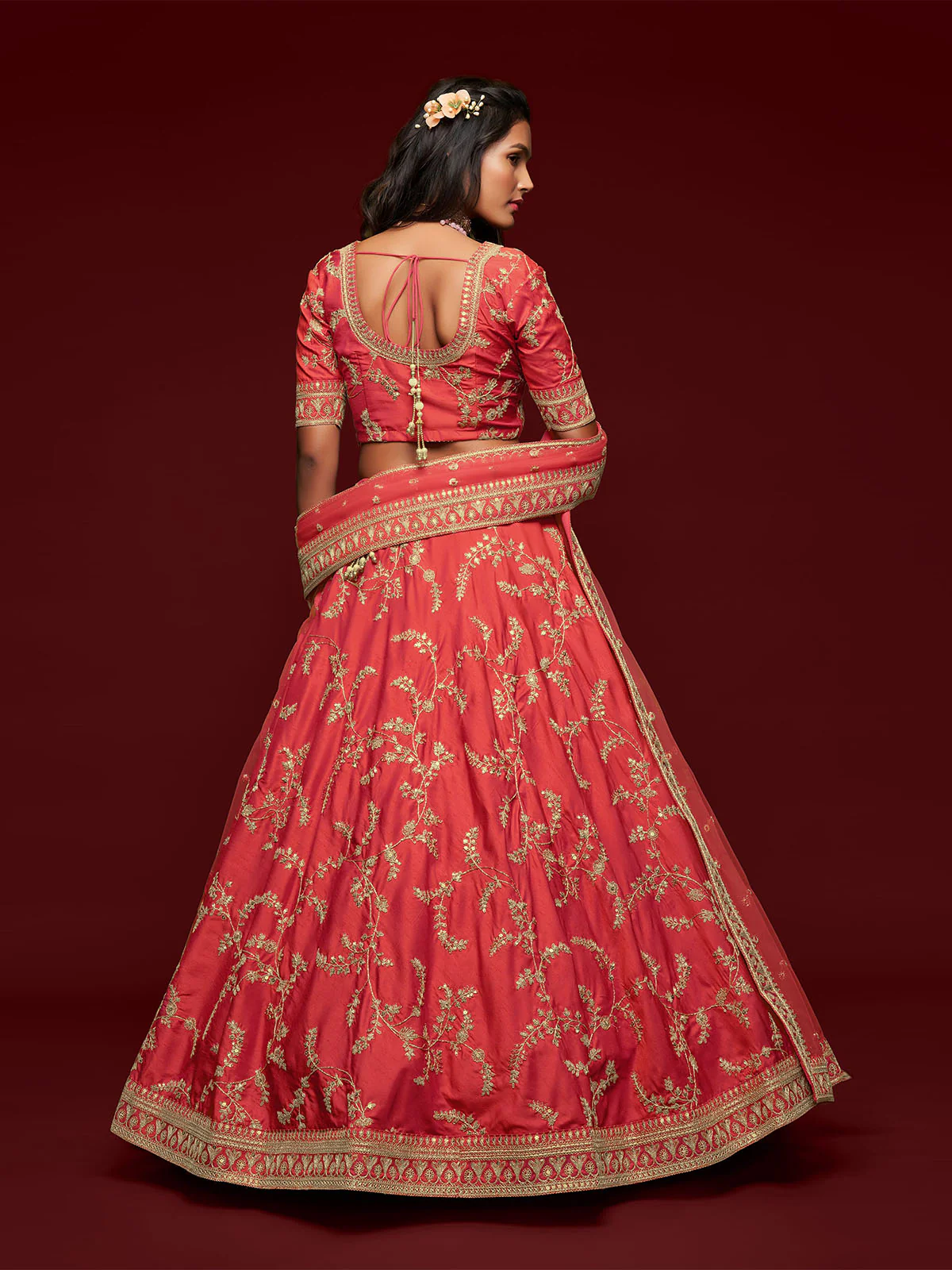 Odette Peach Art Silk Embroidered Semi Stitched Lehenga With Unstitched Blouse For Women - Image 3