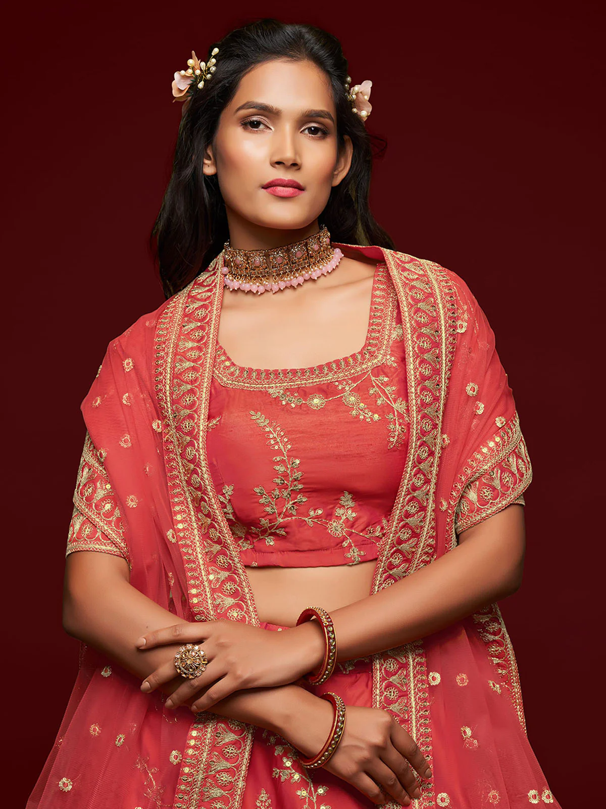 Odette Peach Art Silk Embroidered Semi Stitched Lehenga With Unstitched Blouse For Women - Image 5