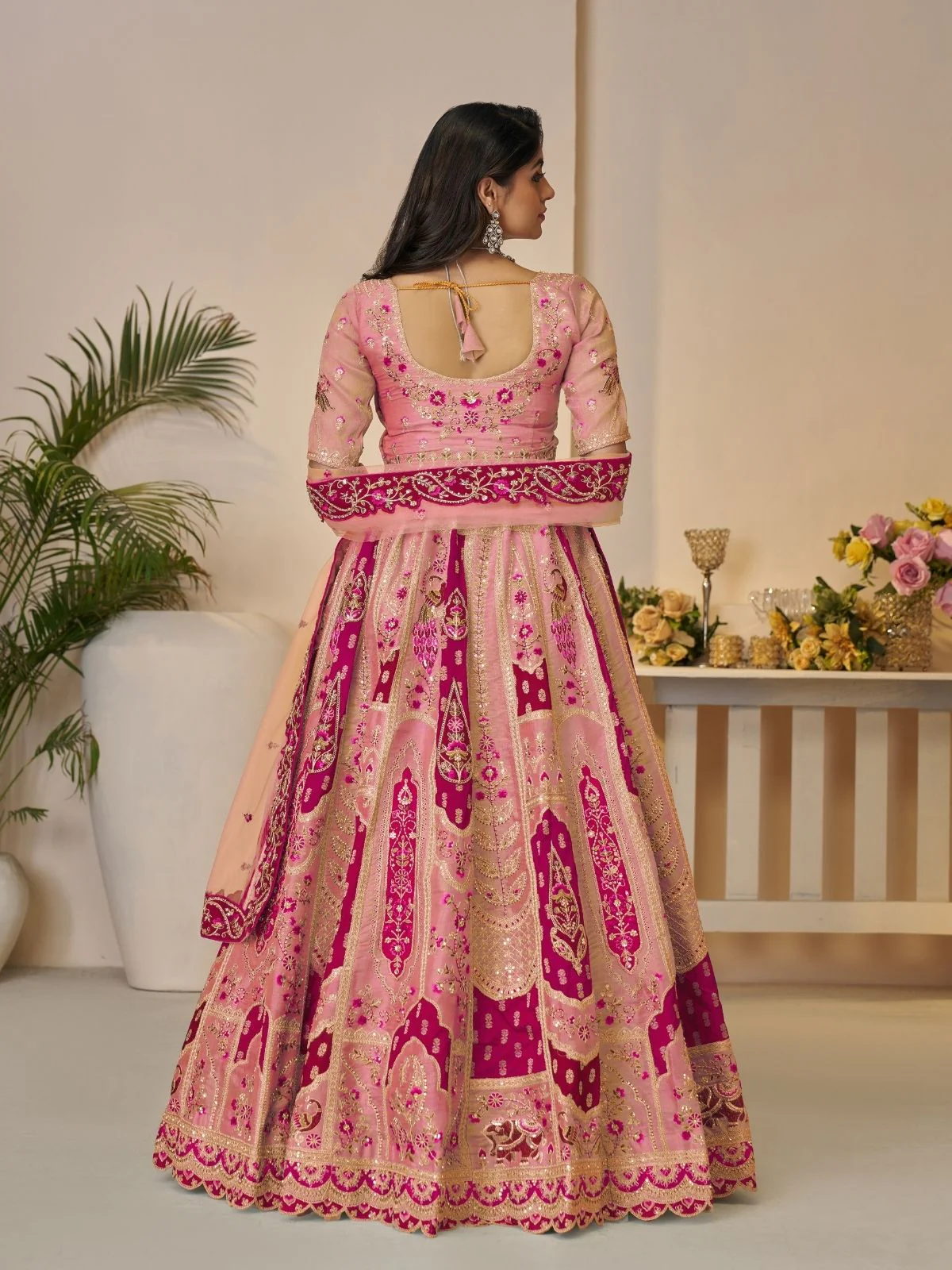 Odette Peach Banarasi Silk Embroidered Semi-Stitched Lehenga For Women - Image 4