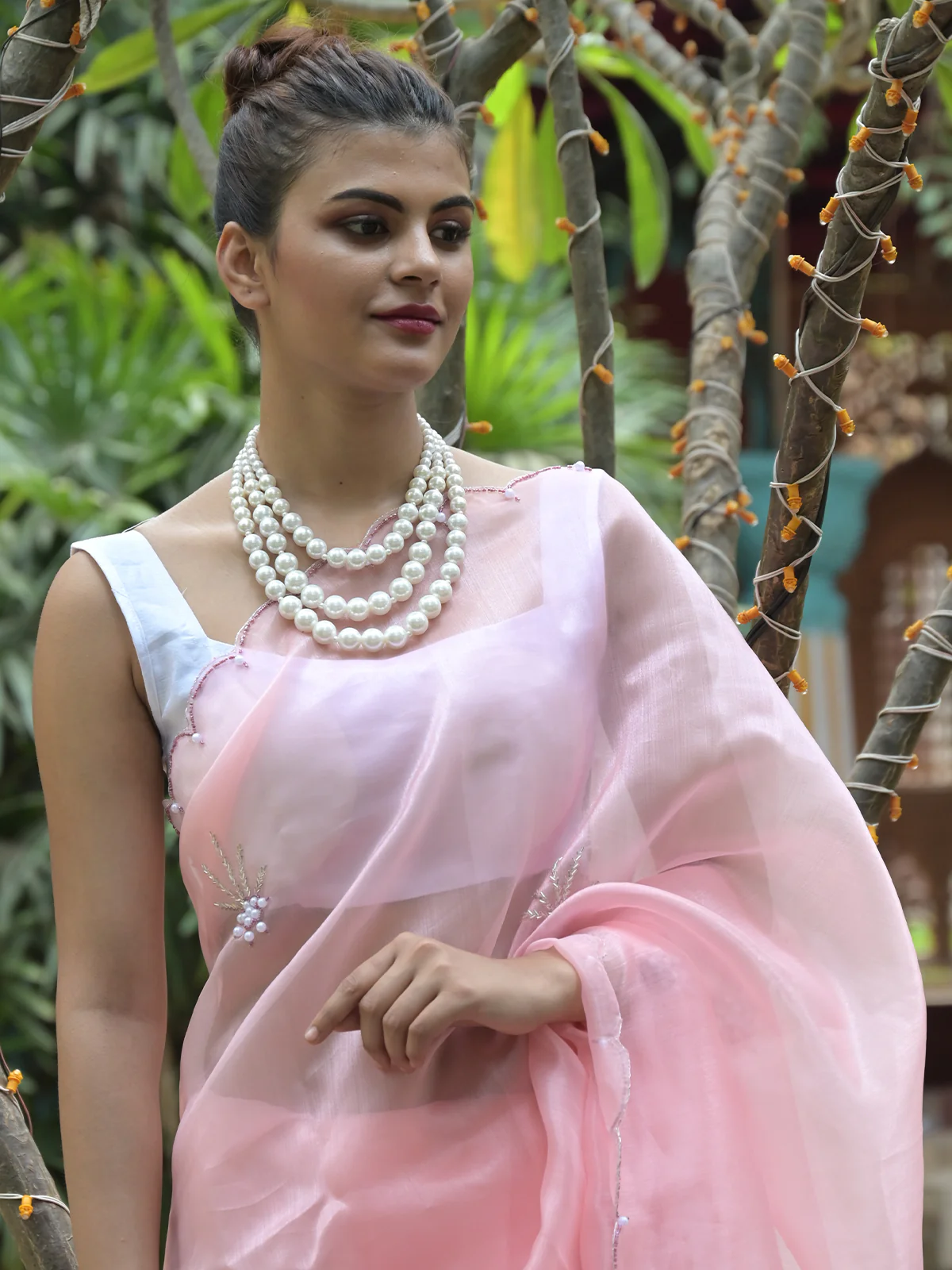 Odette Peach Beads Embroidered Khadi Organza Saree with Unstitched Blouse for Women - Image 4