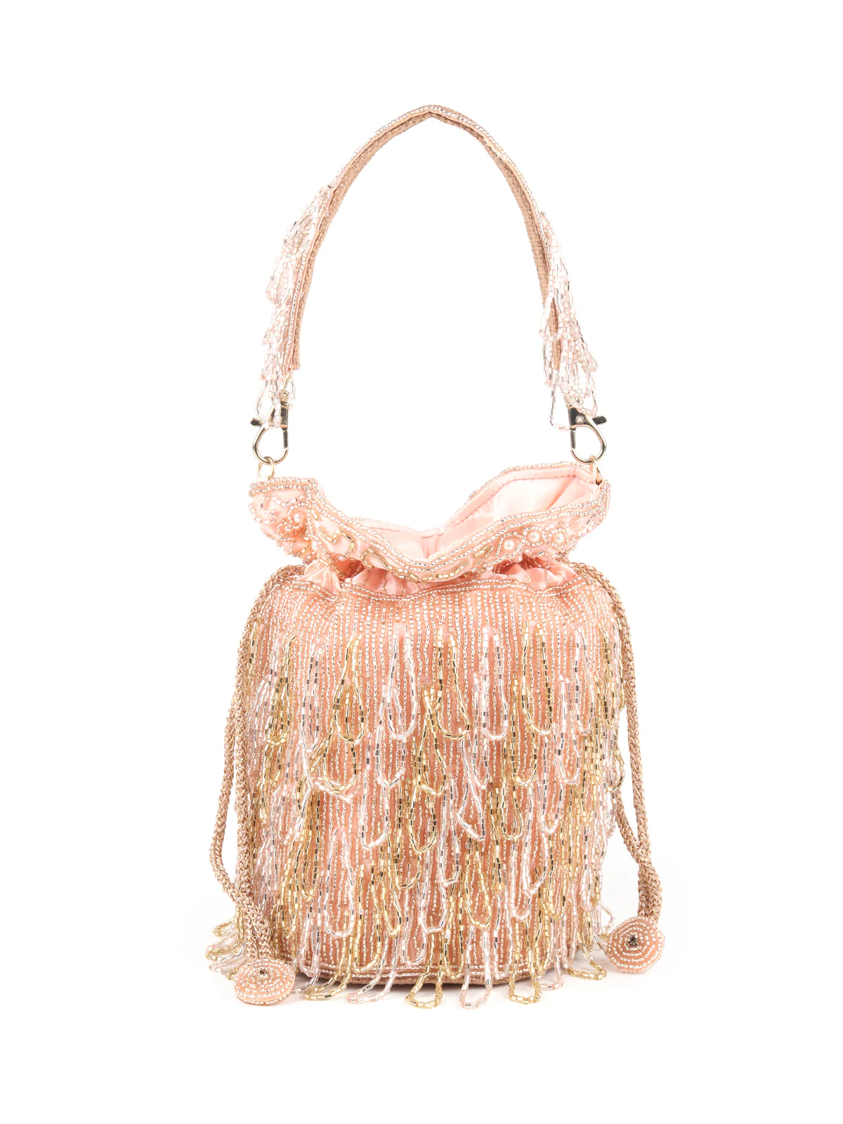 Odette Peach Beads Embroidered Tassels Potli Bag for Women - Image 3
