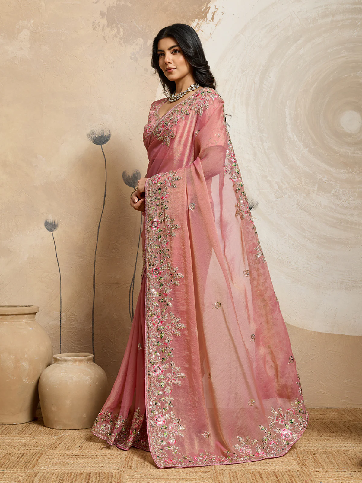 Odette Peach Chiffon Embroidered Saree For Women - Image 2
