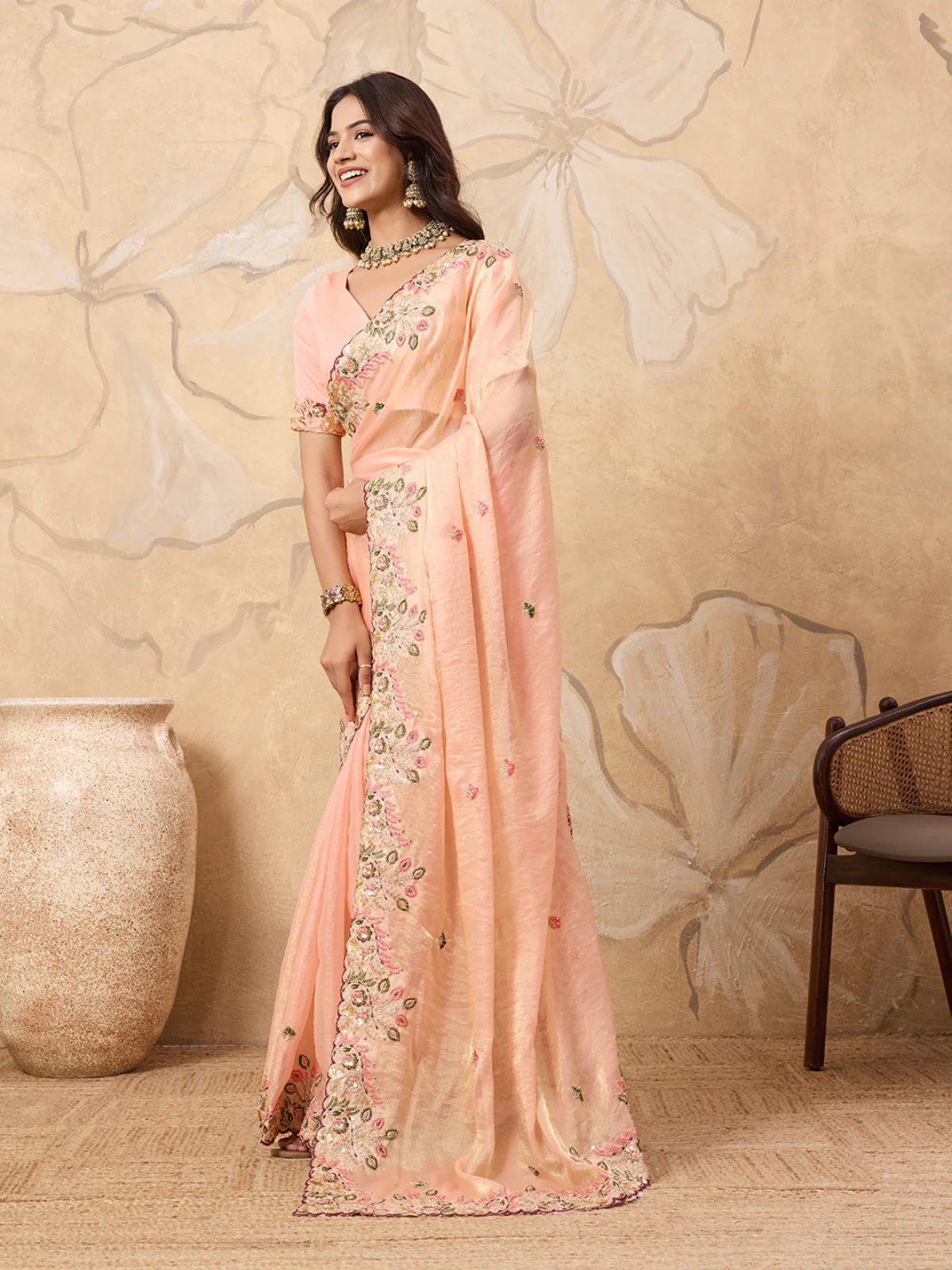 Odette Peach Chiffon Embroidered Saree For Women - Image 2