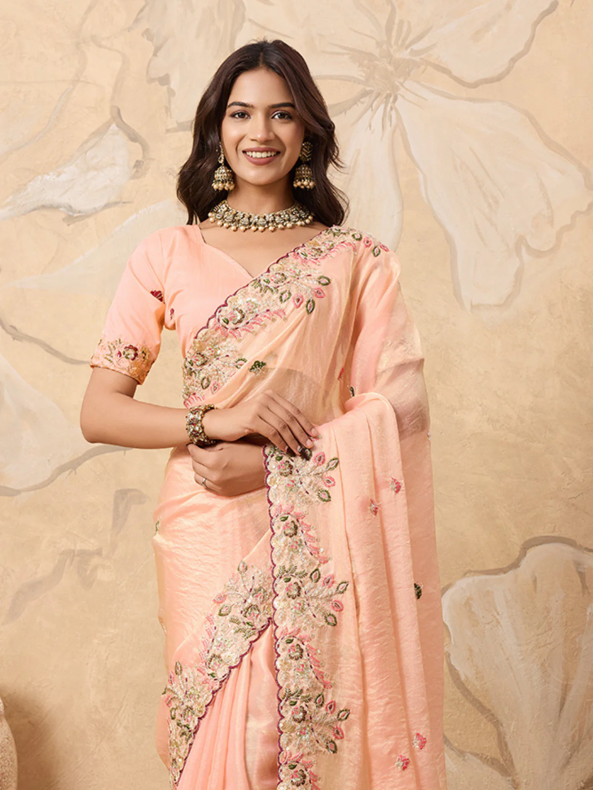 Odette Peach Chiffon Embroidered Saree For Women - Image 4