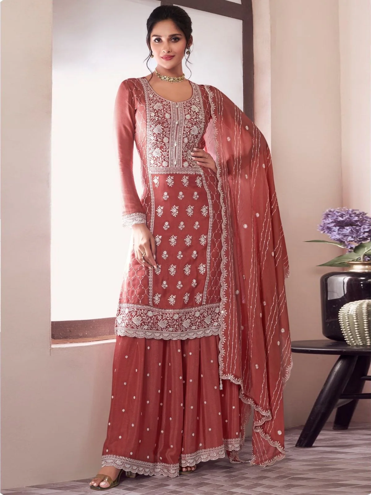 Odette Peach Chiffon Embroidered Semi Stitched Kurta Set For Women