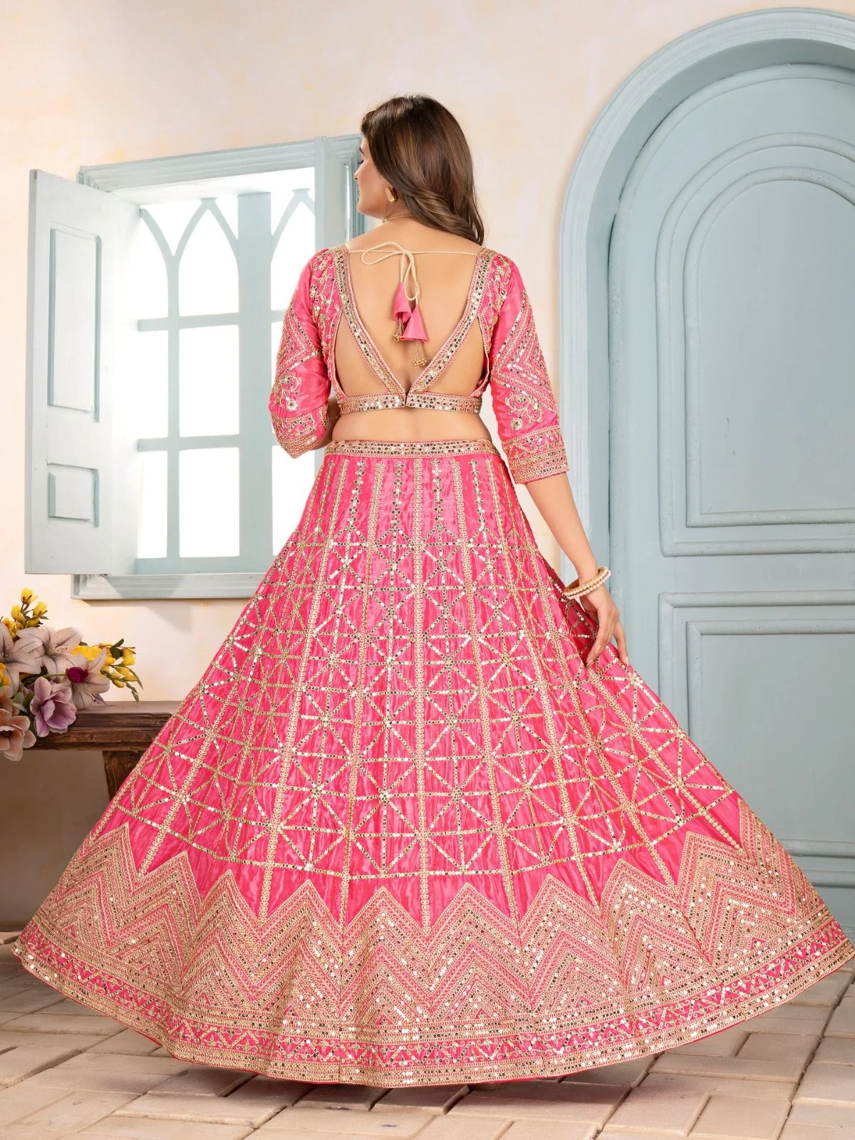 Odette Peach Chinon Embellished Semi Stitched Lehenga For Women - Image 3