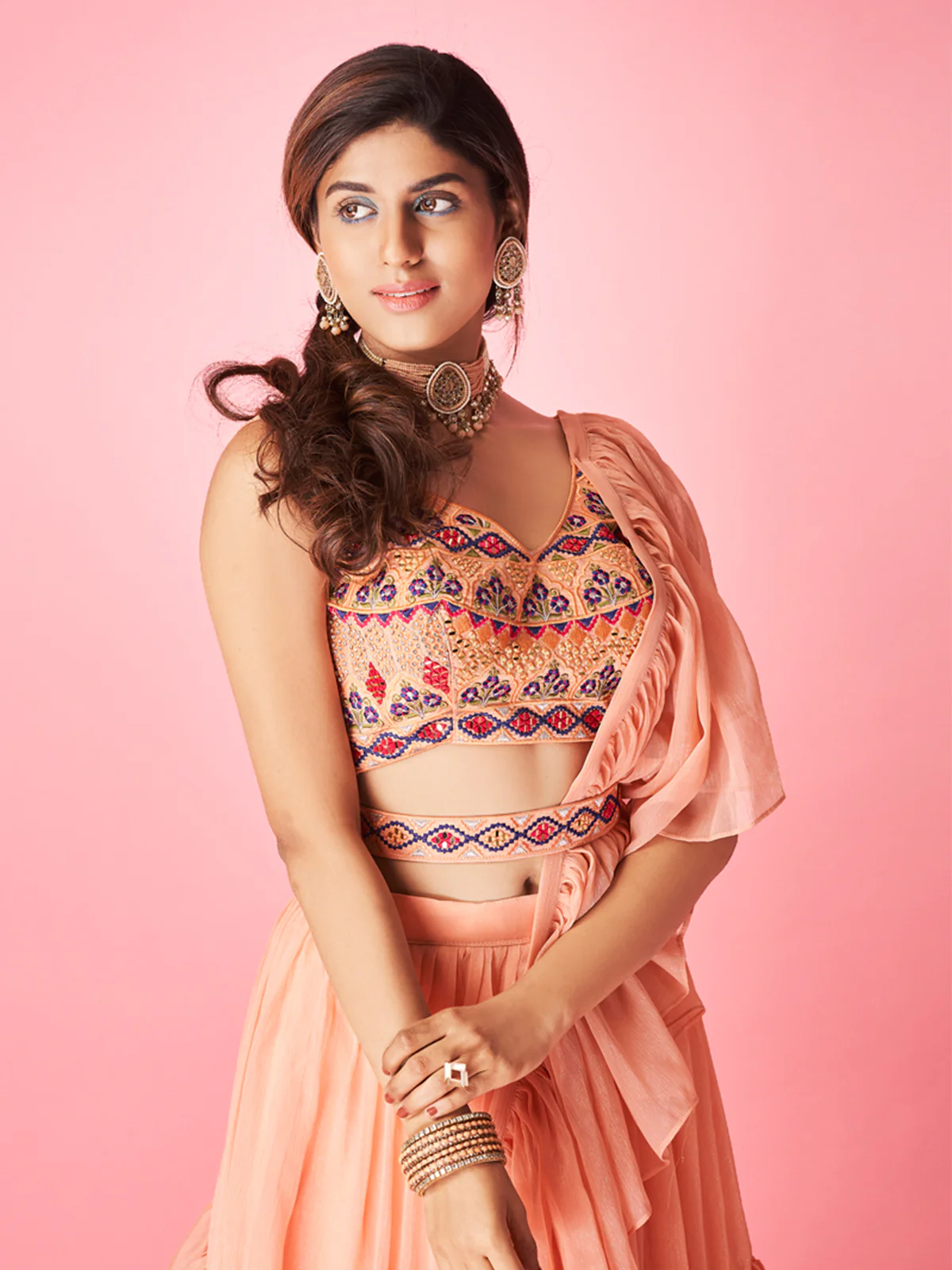 Odette Peach Chiffon Embellished Semi Stitched Lehenga With Unstitched Blouse For Women - Image 4