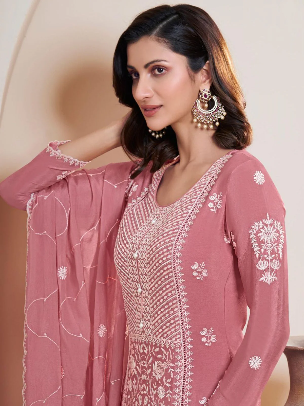 Odette Peach Chinon Embroidered Semi-Stitched Kurta Set For Women - Image 2