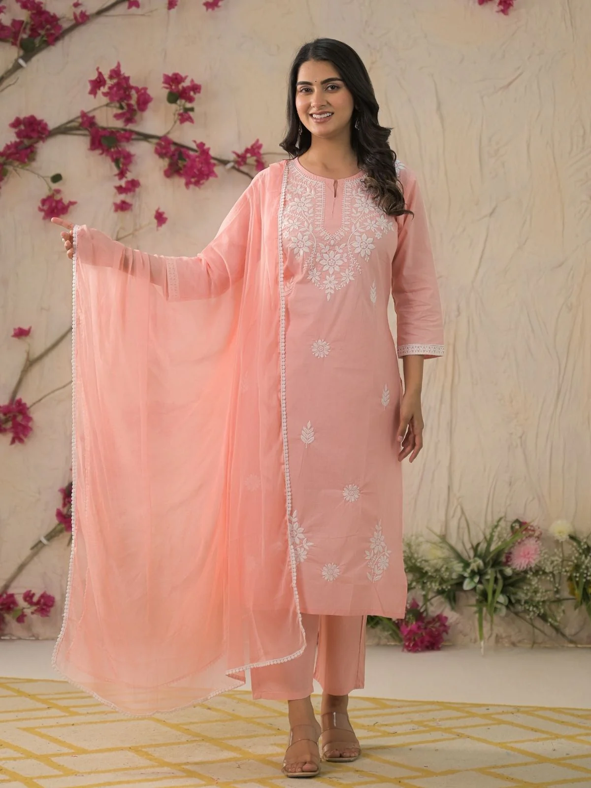 Odette Peach Cotton Blend Embroidered Stitched Kurta Set For Women