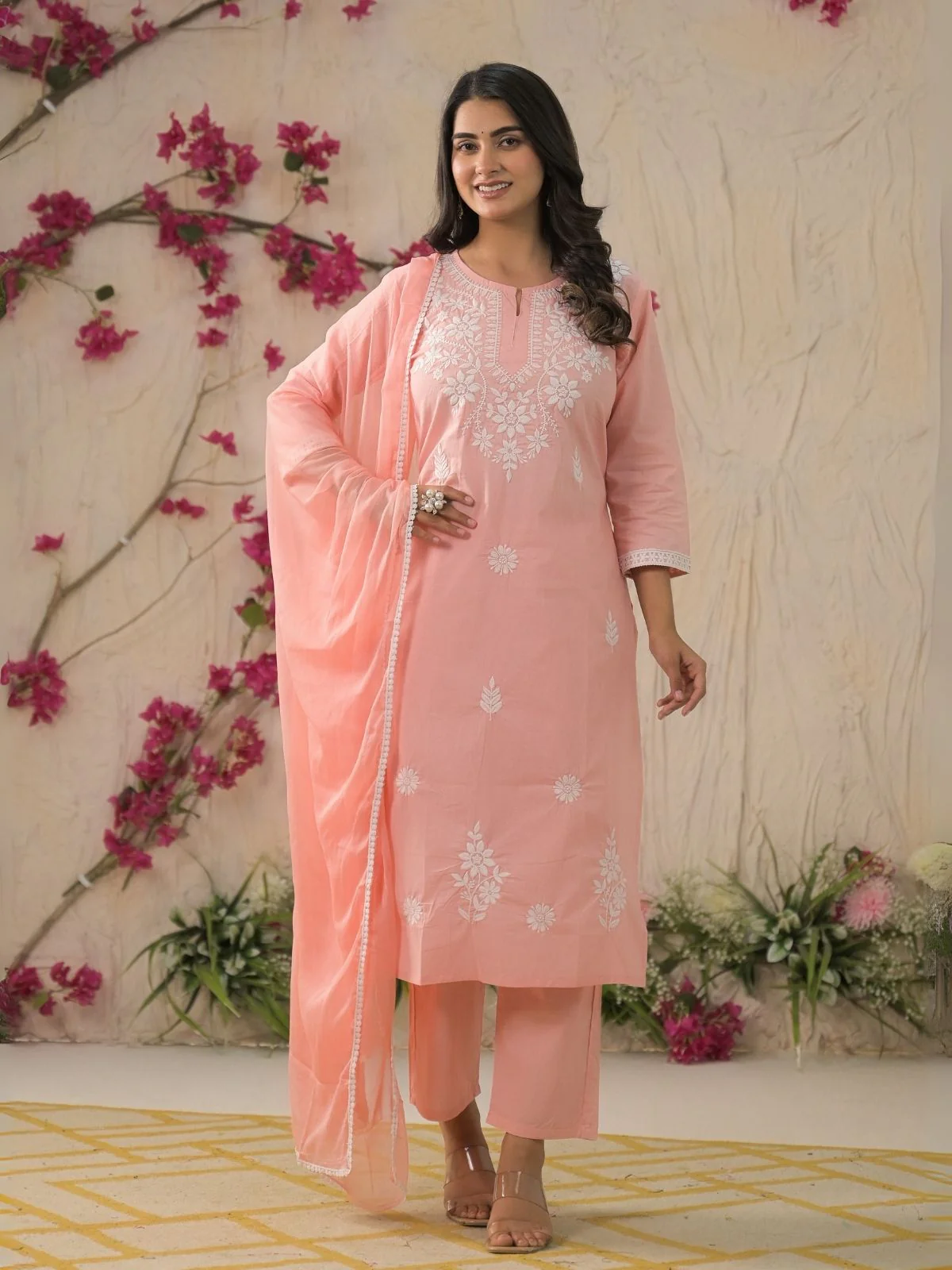 Odette Peach Cotton Blend Embroidered Stitched Kurta Set For Women - Image 2