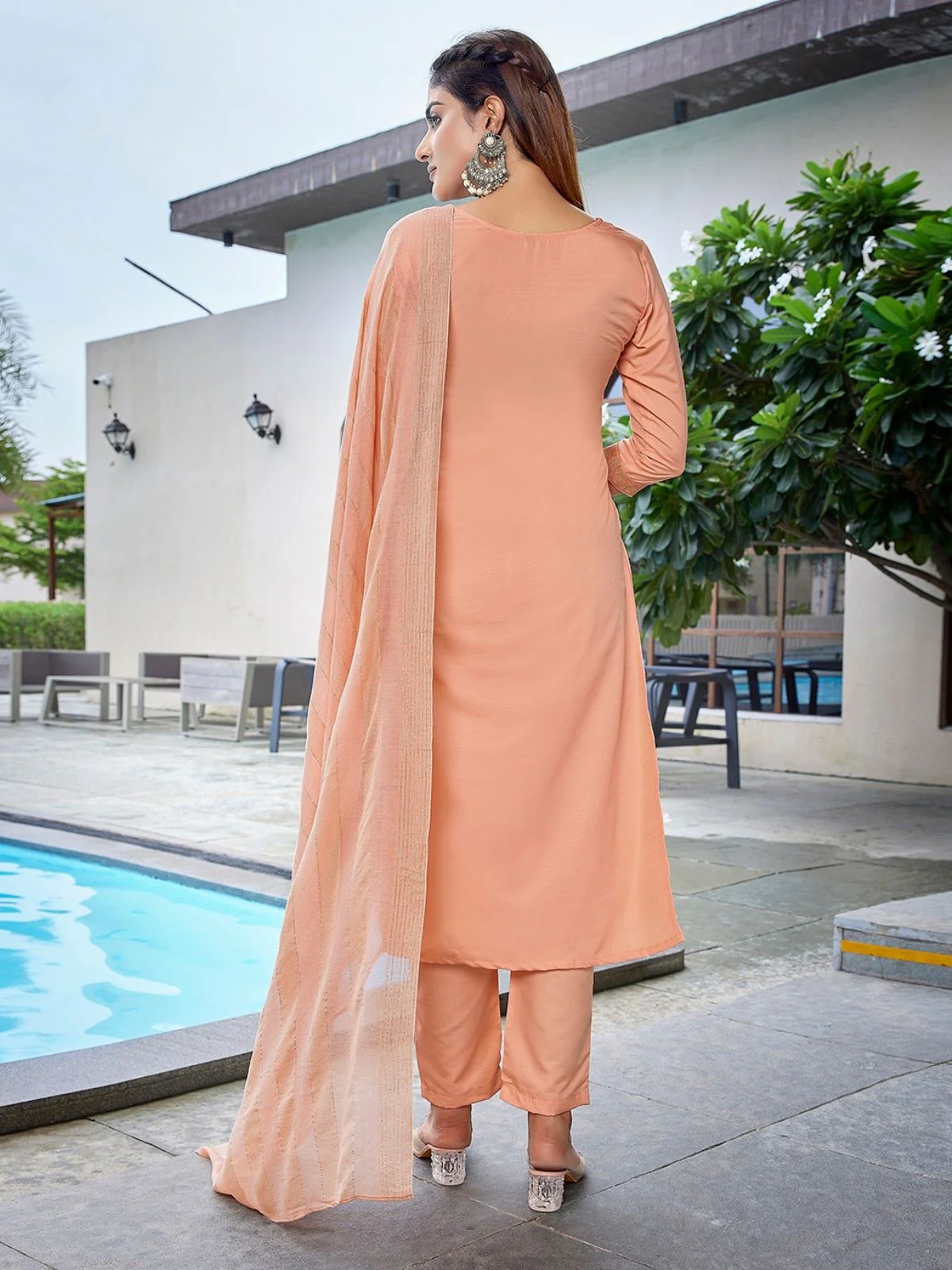 Odette Peach Cotton Blend Solid Stiched Kurta Set For Women - Image 4