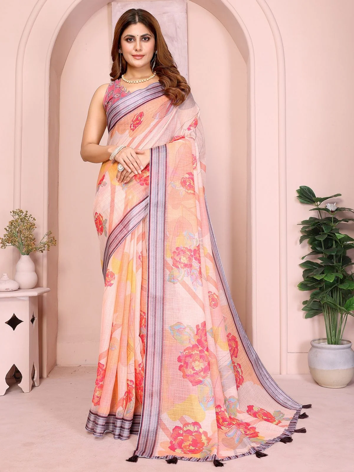 Odette Peach Cotton Linen Printed Saree For Women