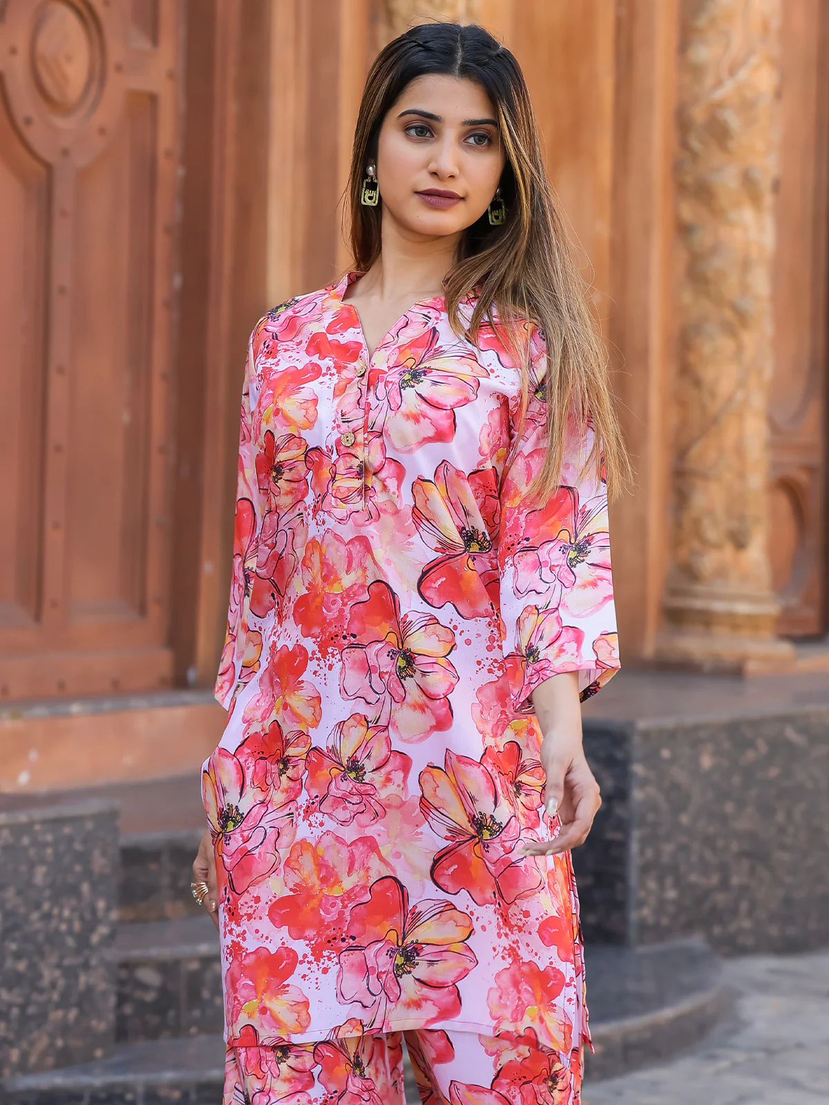 Odette Red and White Cotton Printed Co Ord Set for Women - Image 4