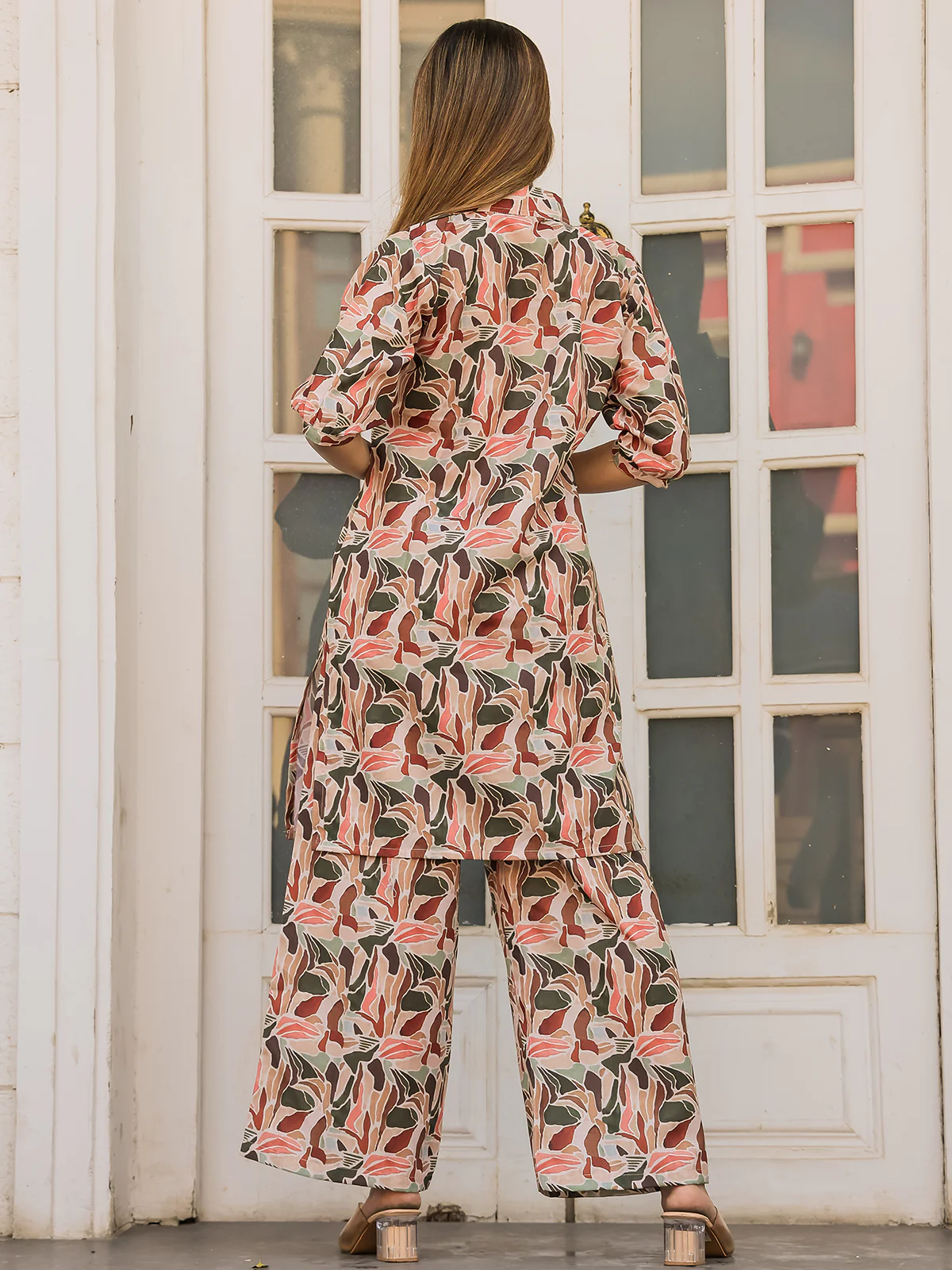 Odette Peach Cotton Printed Stitched Co Ord Set for Women - Image 3