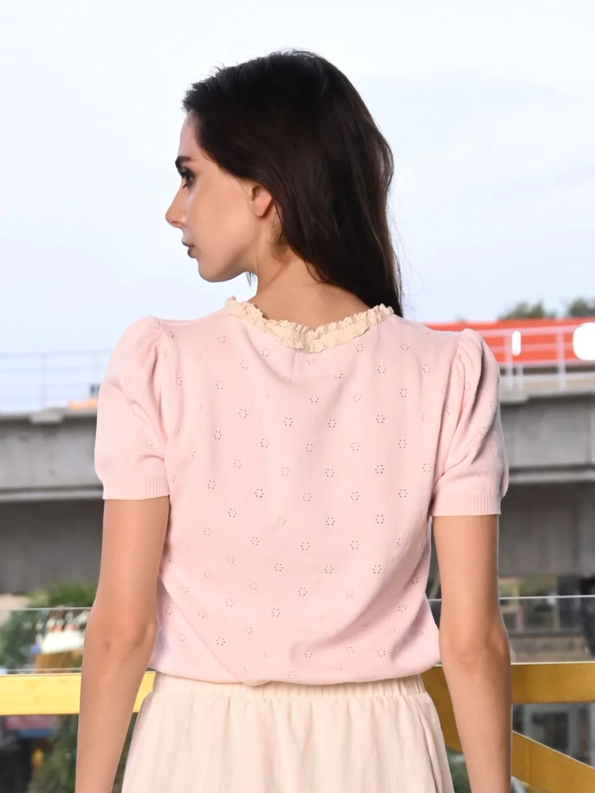 Odette Peach Cotton Rib Top For Women - Image 4