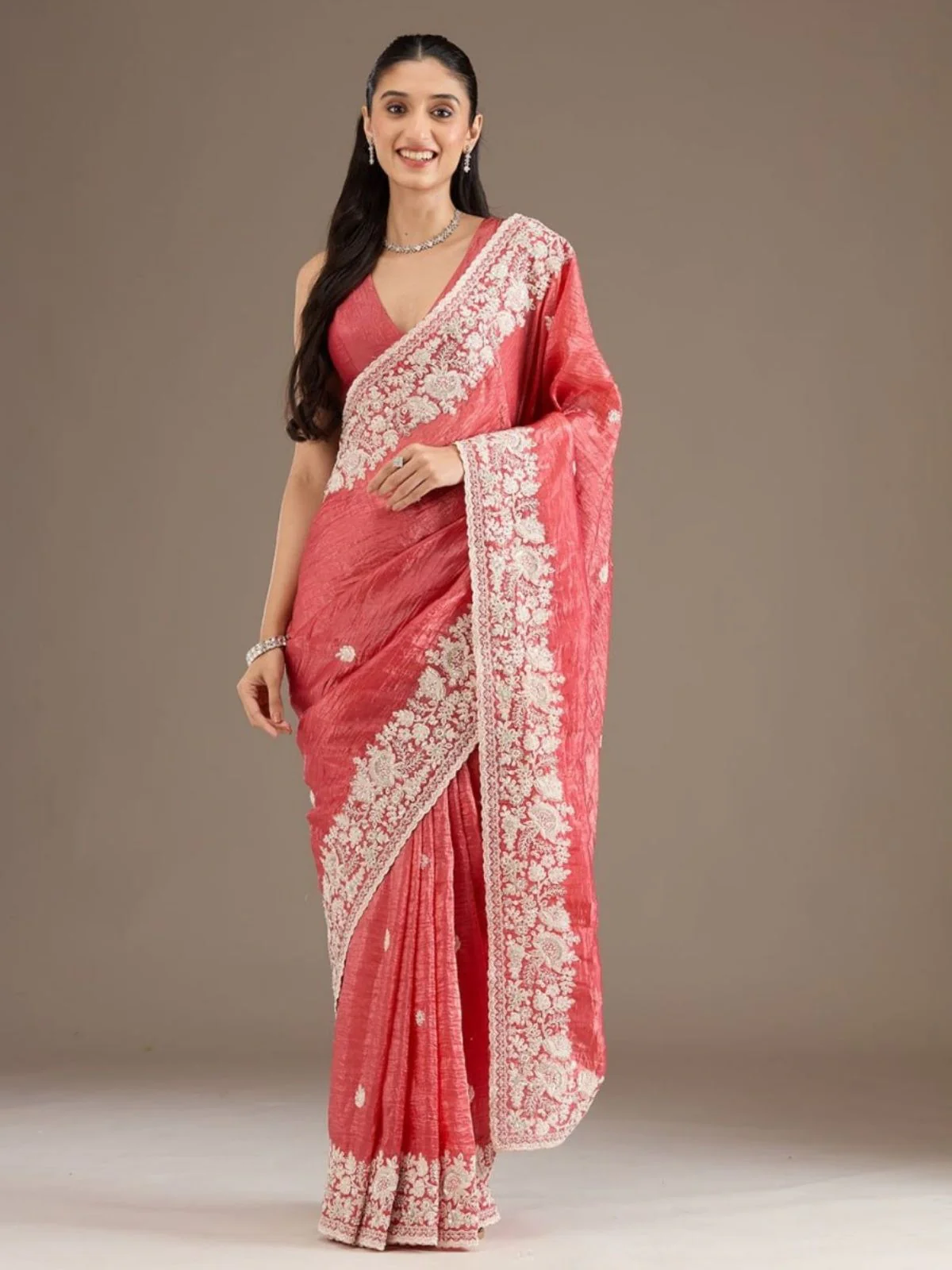 Odette Peach Crush Embellished Saree For Women - Image 2