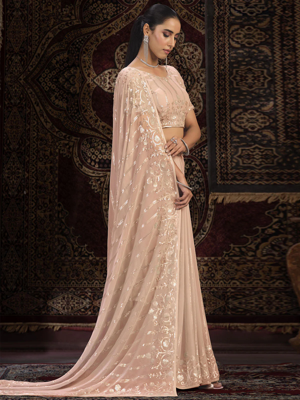 Odette Peach Embellished Georgette Saree With unstitched Blouse For Women - Image 2