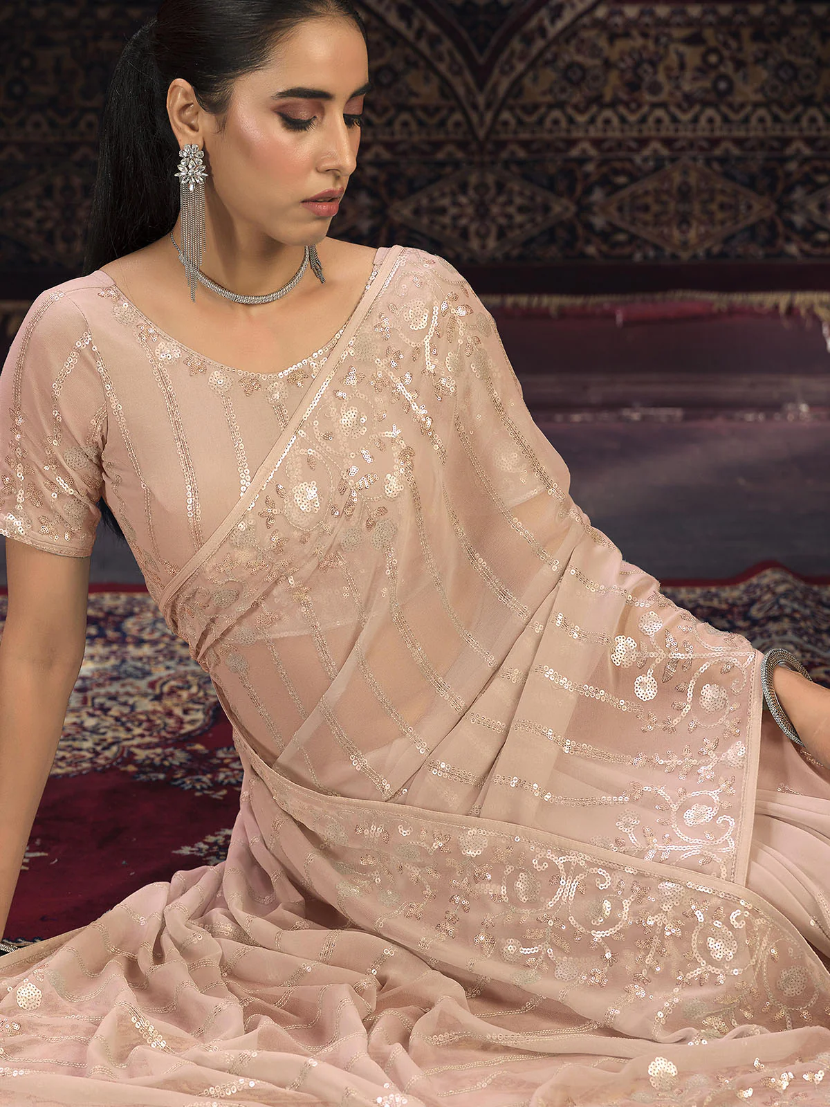 Odette Peach Embellished Georgette Saree With unstitched Blouse For Women - Image 4