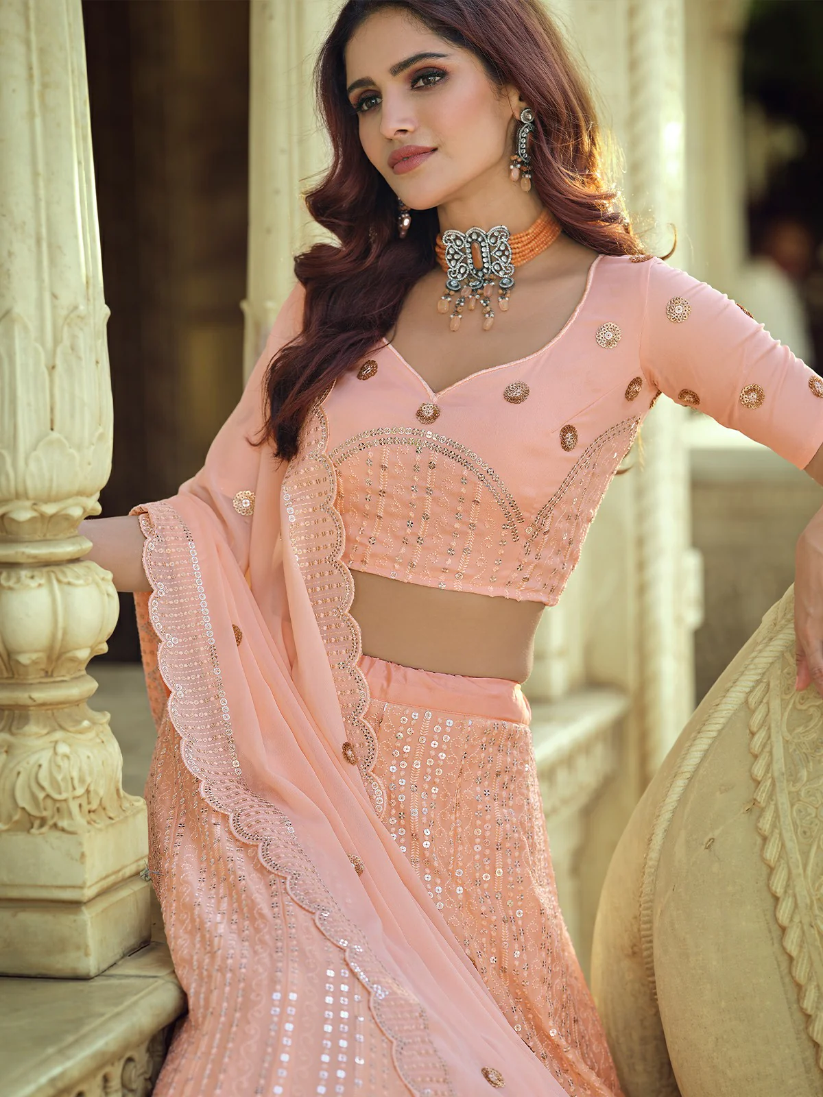 Odette Peach Embellished Georgette Semi Stitched Lehenga With Blouse For Women - Image 4