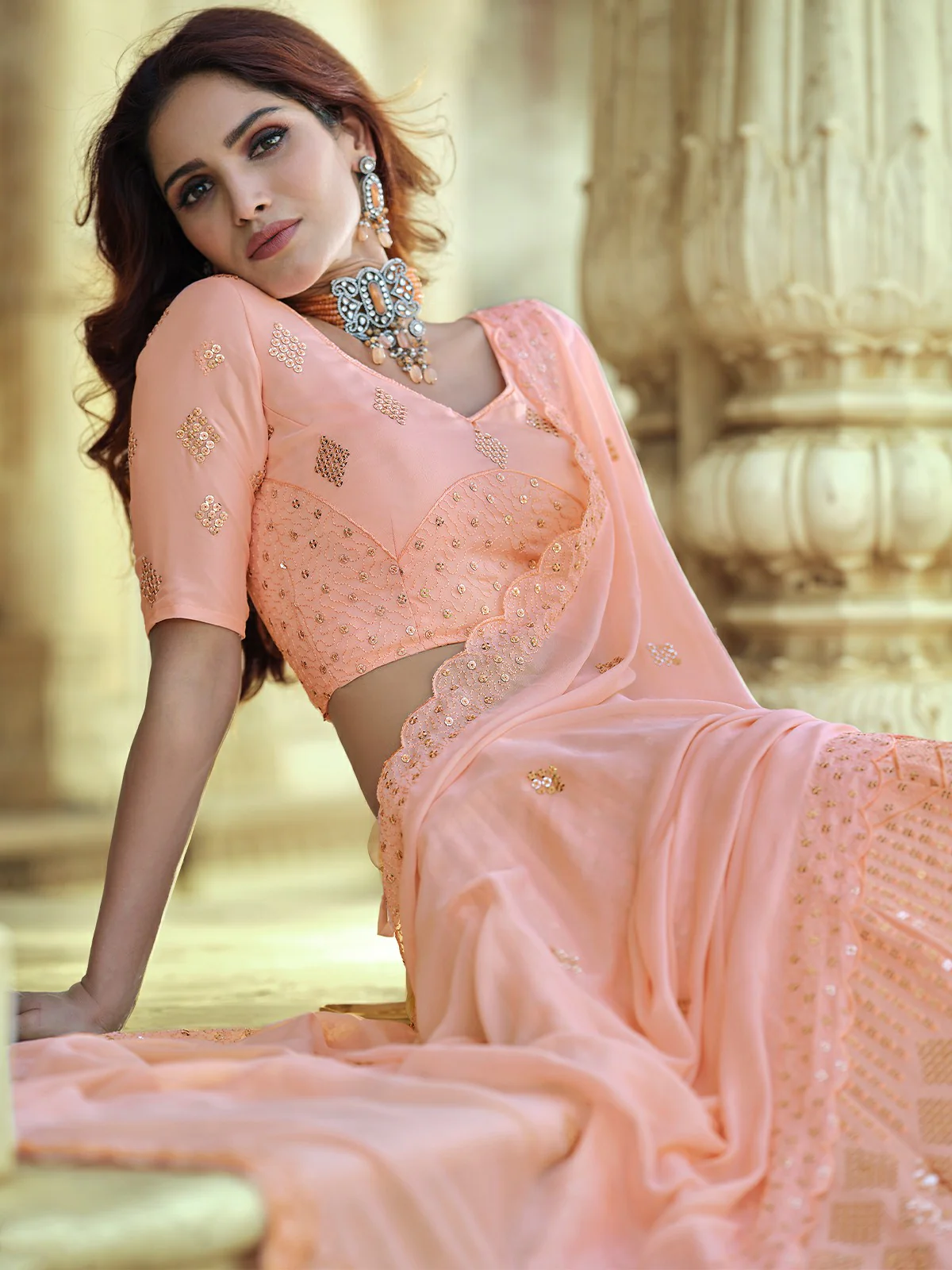 Odette Peach Embellished Georgette Semi Stitched Lehenga With Blouse For Women - Image 3