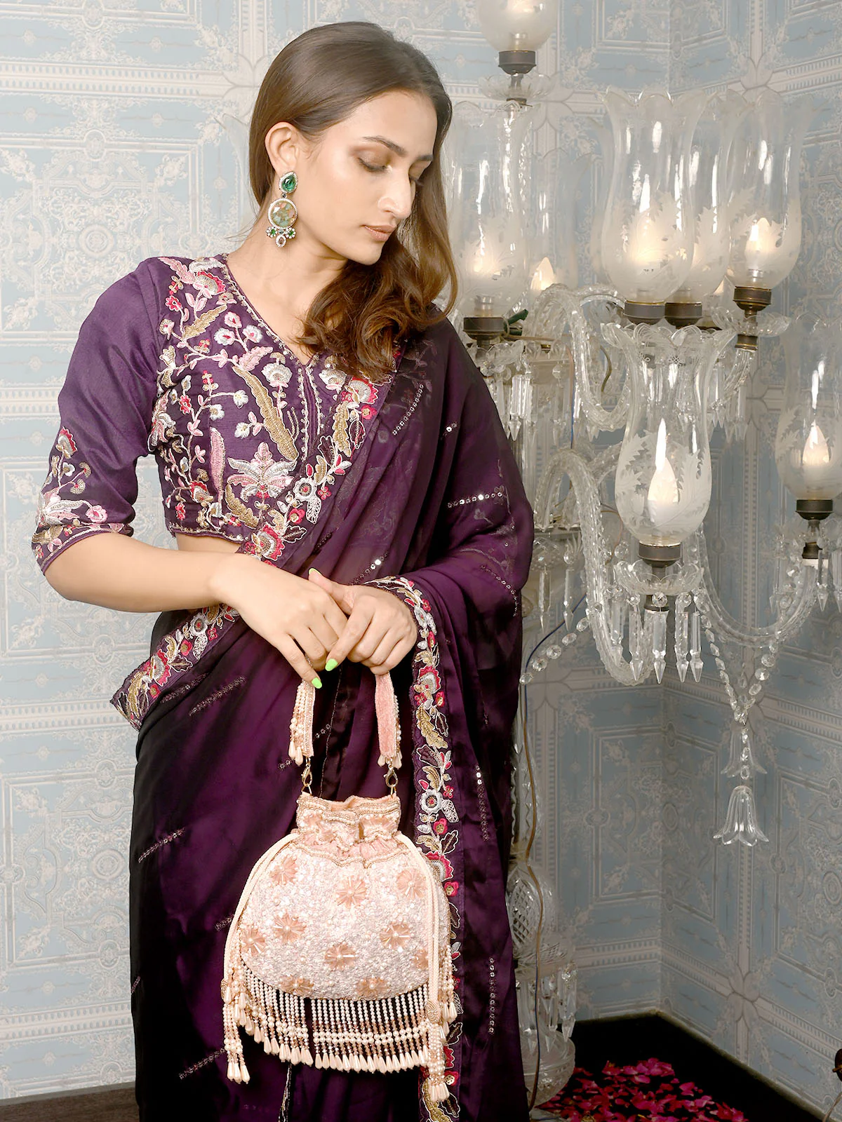 Odette Peach Embellished Potli Bag For Women - Image 2