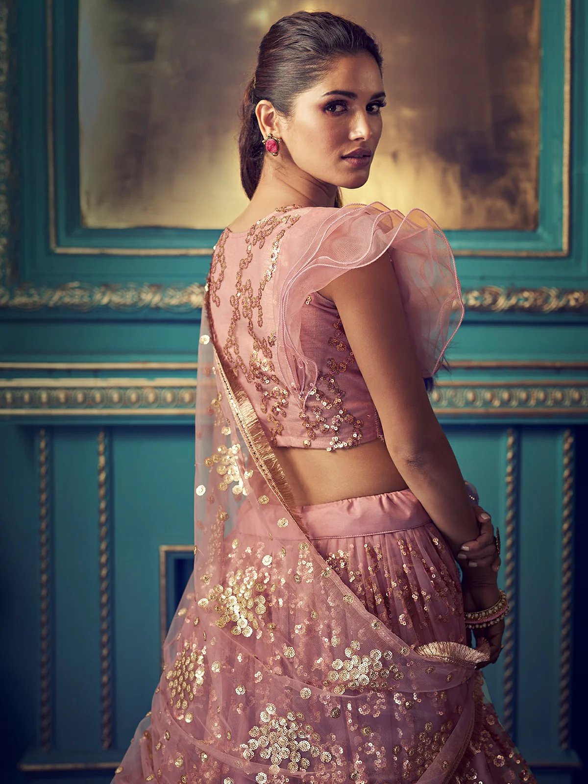 Odette Peach Embellished Soft Net Semi Stitched Lehenga With Blouse For Women - Image 3