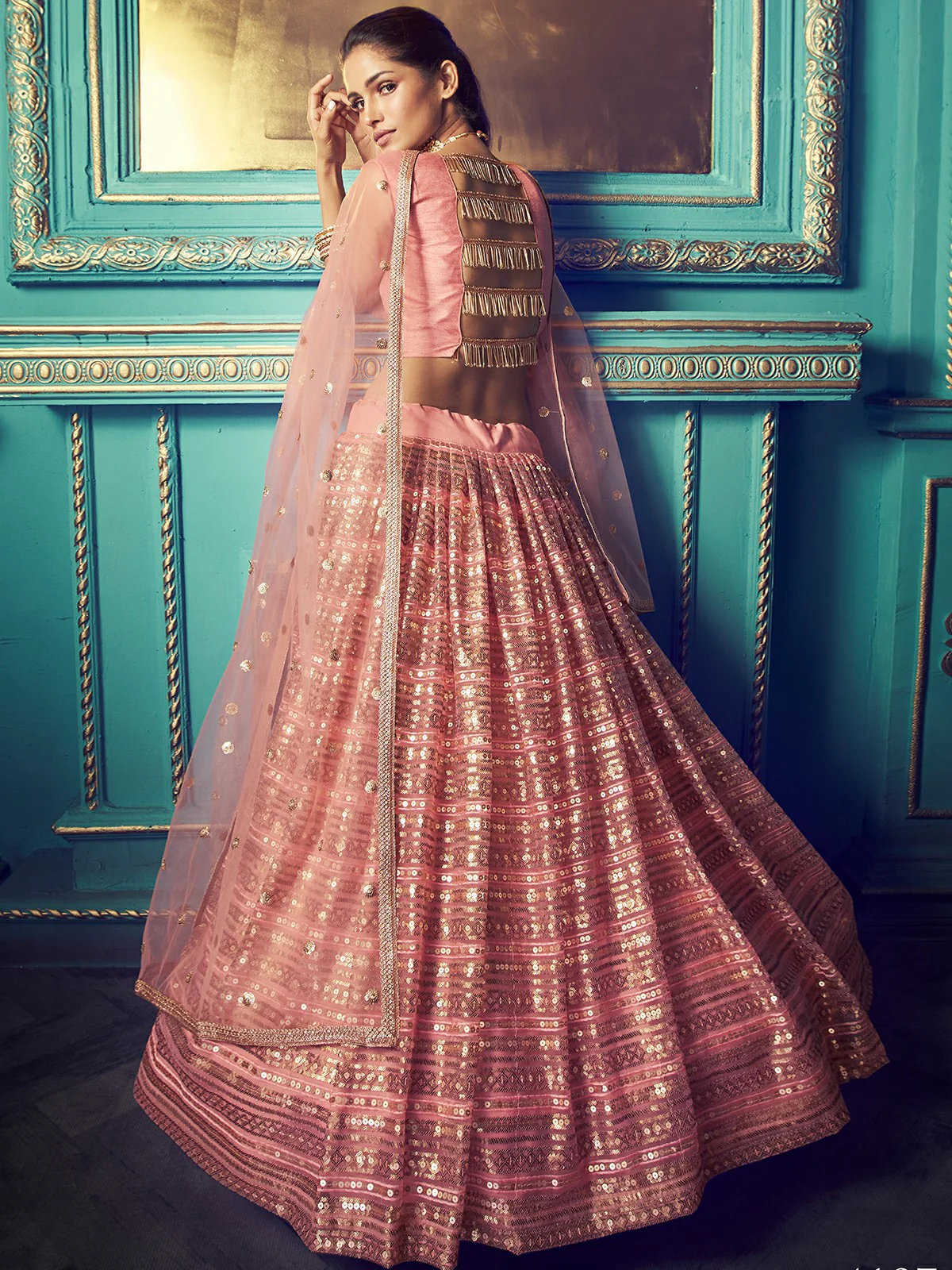 Odette Peach Embellished Soft Net Semi Stitched Lehenga With Blouse For Women - Image 2