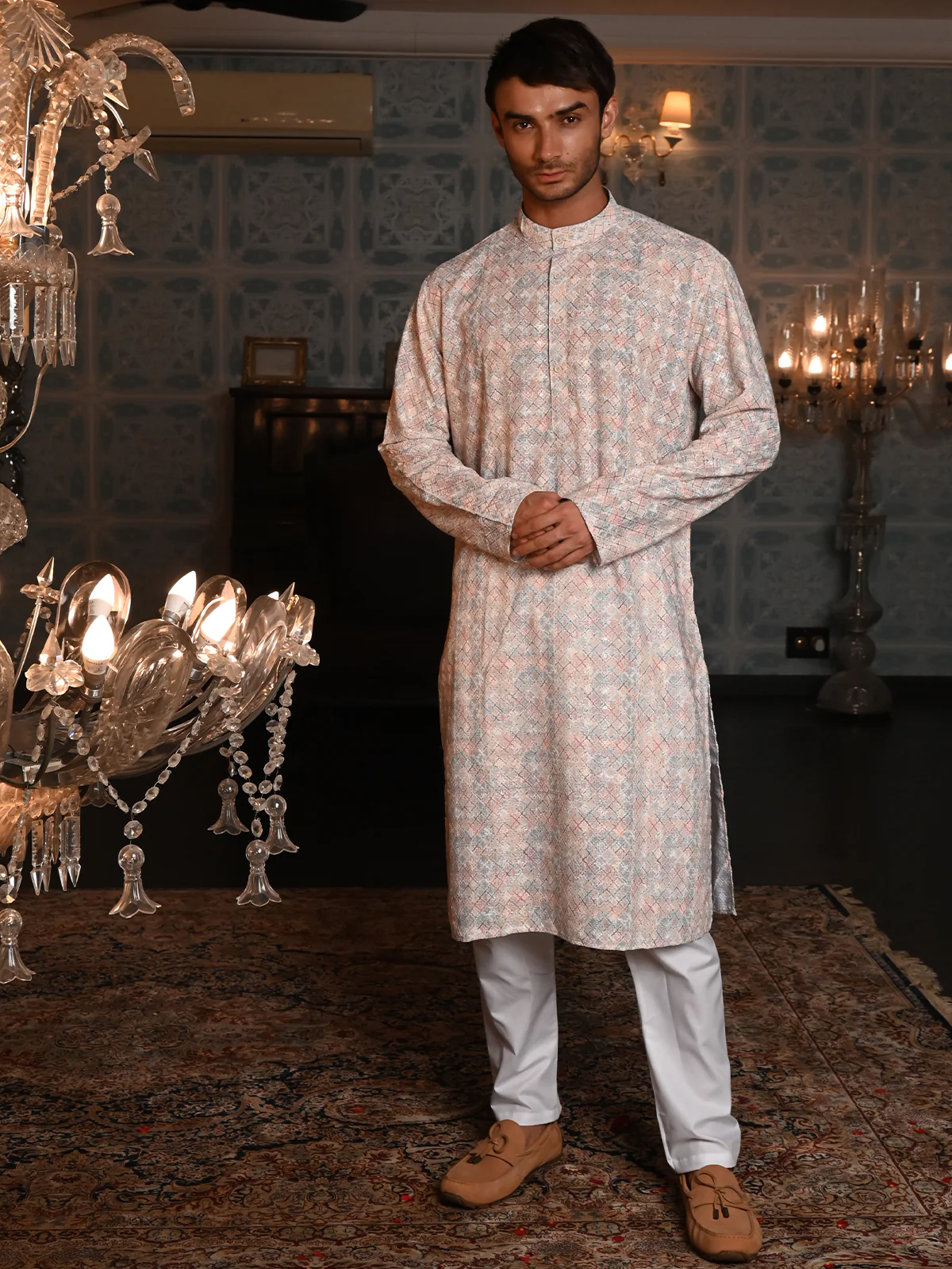 Odette Peach Embroidered Cotton Traditional Kurta Set For Men - Image 3