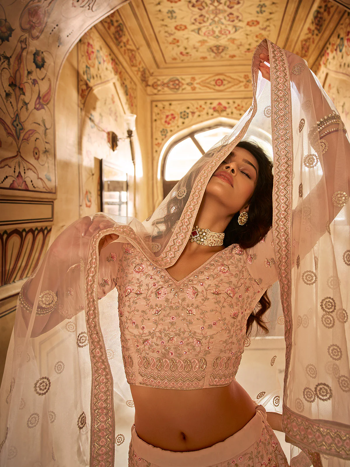 Odette Peach Embroidered Crepe Semi Stitched Lehenga With Blouse For Women - Image 3