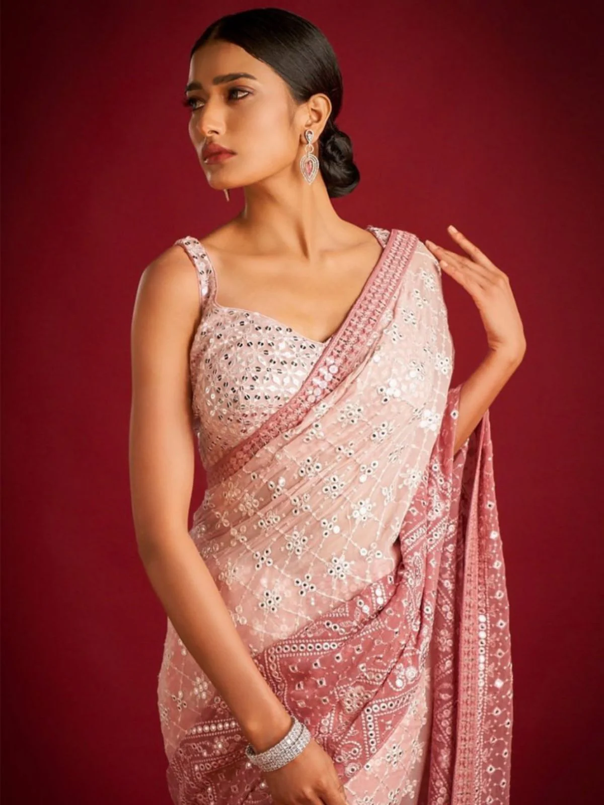 Odette Peach Embroidered Georgette Saree With unstitched Blouse For Women - Image 2