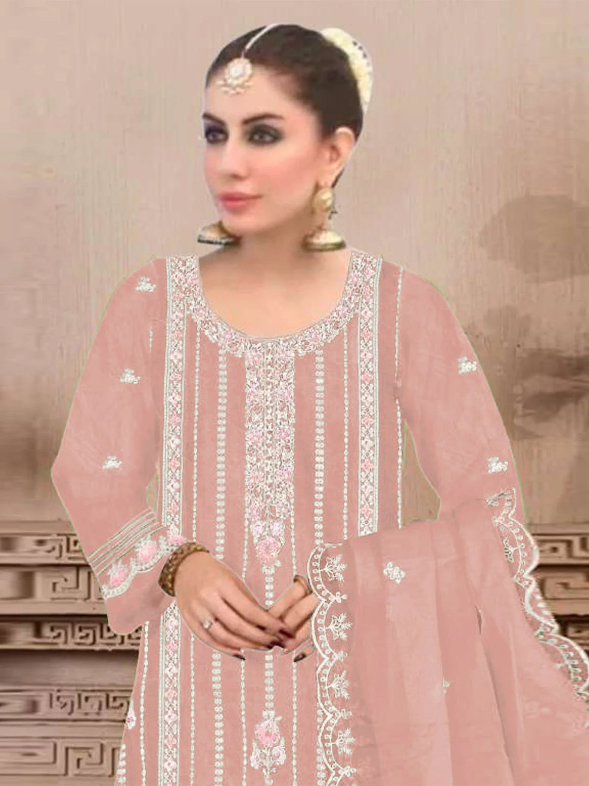 Odette Peach Embroidered Georgette Semi Stitched Kurta Set With Dupatta For Women - Image 2