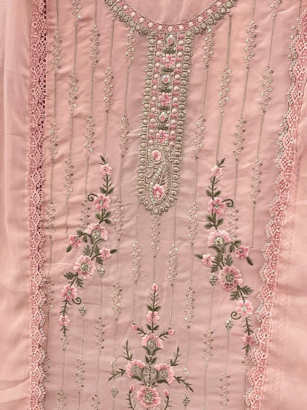 Odette Peach Embroidered Georgette Semi Stitched Kurta Set with Dupatta For Women - Image 3