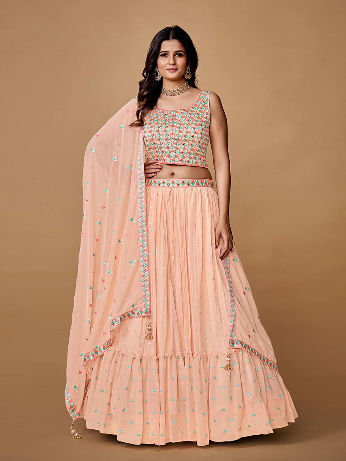 Odette Peach Embroidered Georgette Stitched Lehenga With Blouse For Women - Image 2