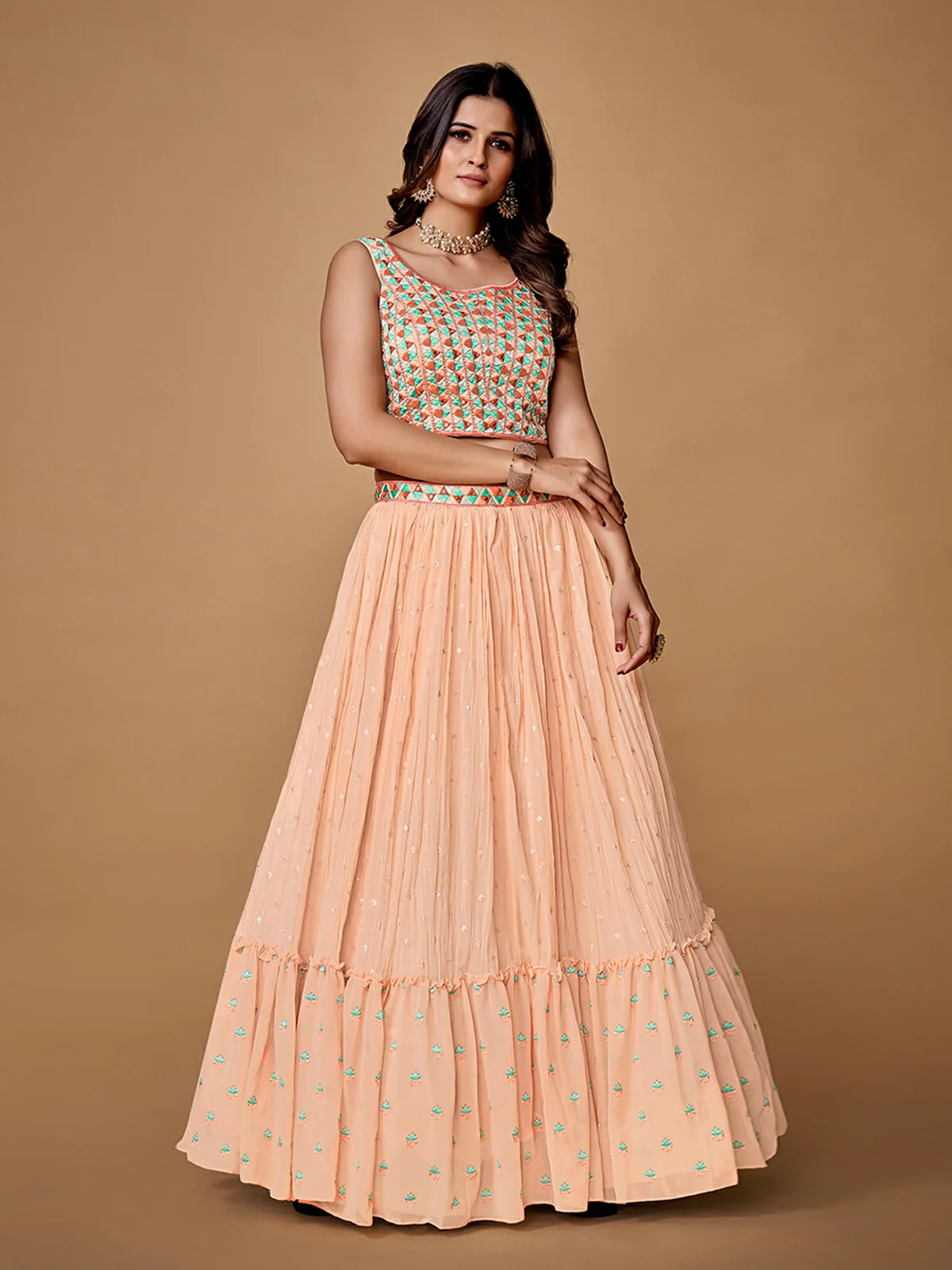 Odette Peach Embroidered Georgette Stitched Lehenga With Blouse For Women - Image 3