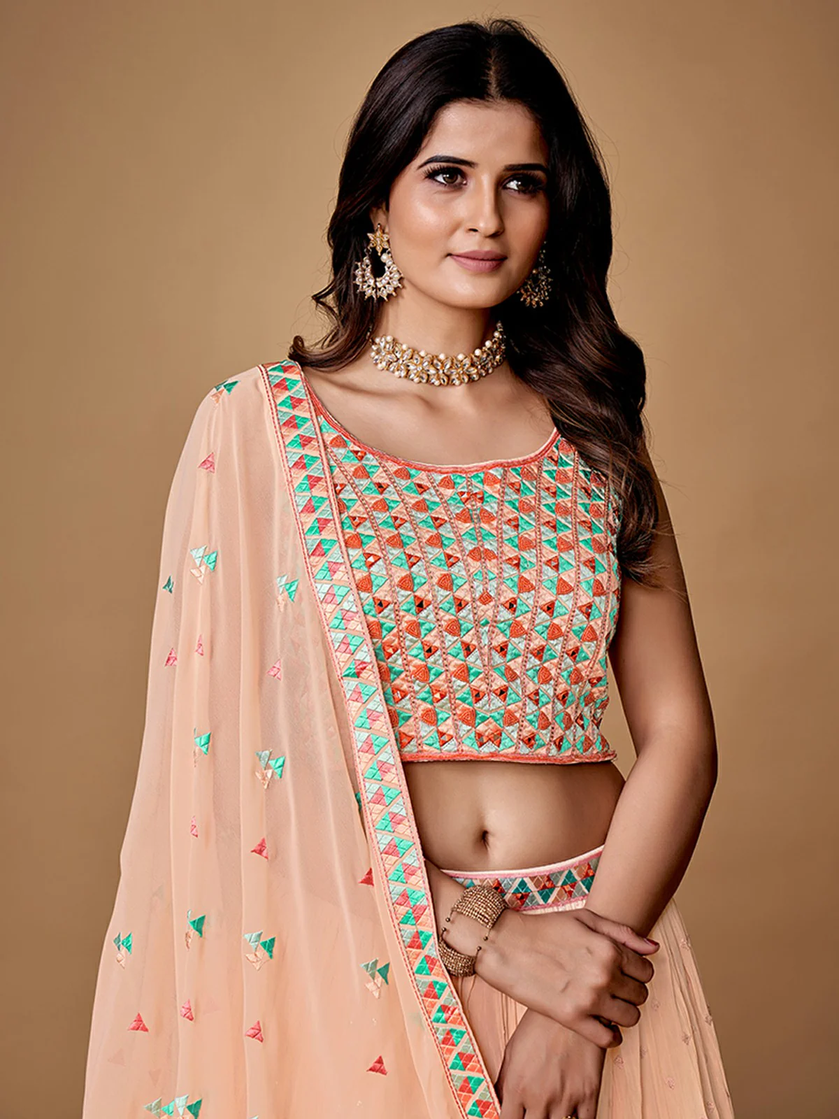 Odette Peach Embroidered Georgette Stitched Lehenga With Blouse For Women - Image 5