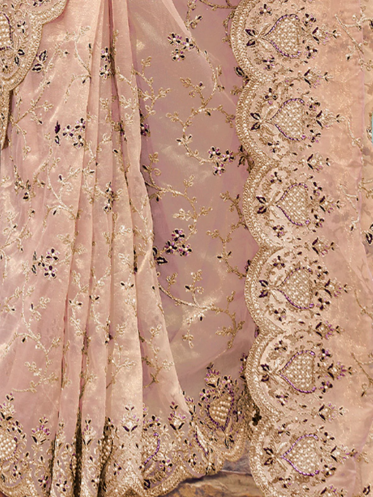 Odette Peach Embroidered Net Saree With Unstitched Blouse For Women - Image 3