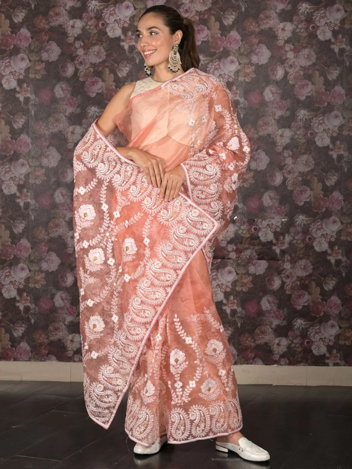 Odette Peach Embroidered Organza Saree Without Blouse for Women - Image 3