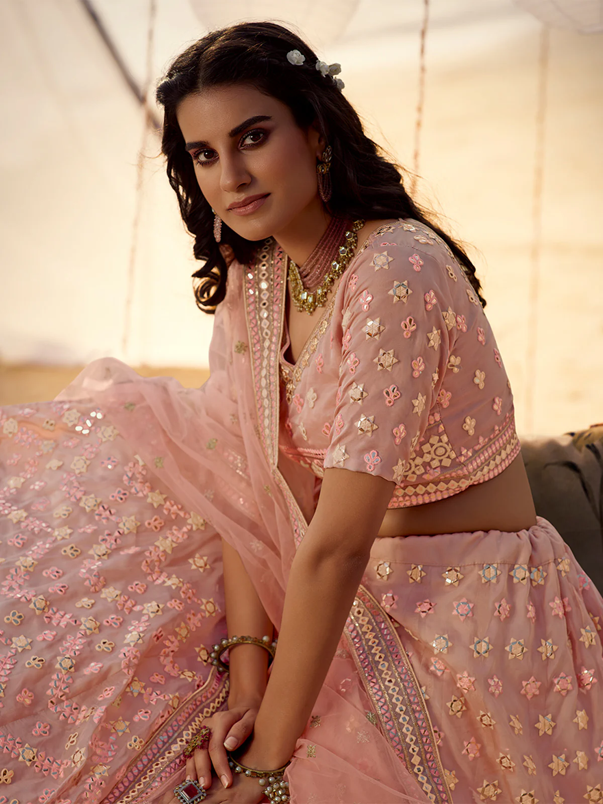 Odette Peach Embroidered Organza Semi Stitched Lehenga With Blouse For Women - Image 2