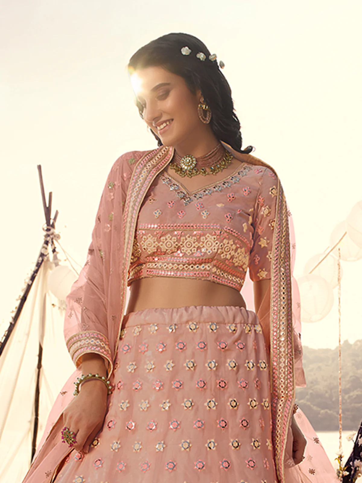 Odette Peach Embroidered Organza Semi Stitched Lehenga With Blouse For Women - Image 3