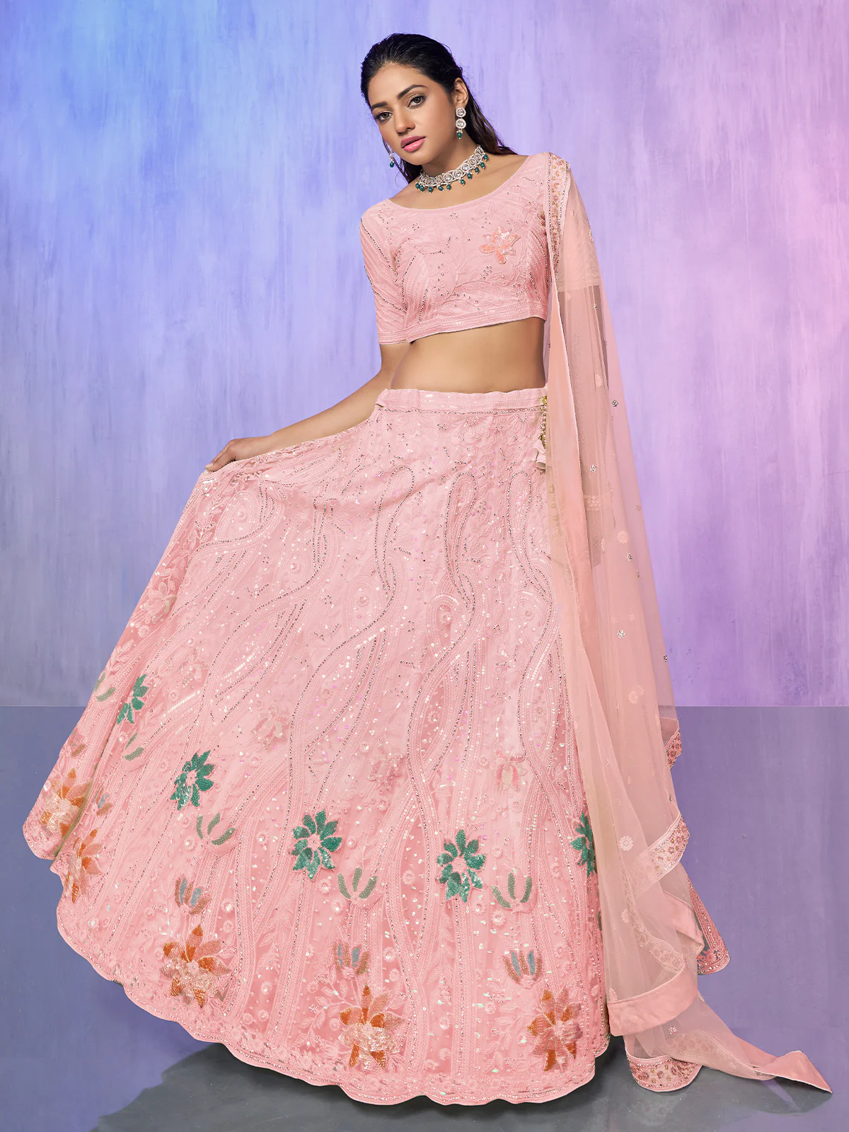 Odette Peach Embroidered Net Semi Stitched Lehenga With Unstitched Blouse  For Women - Image 2