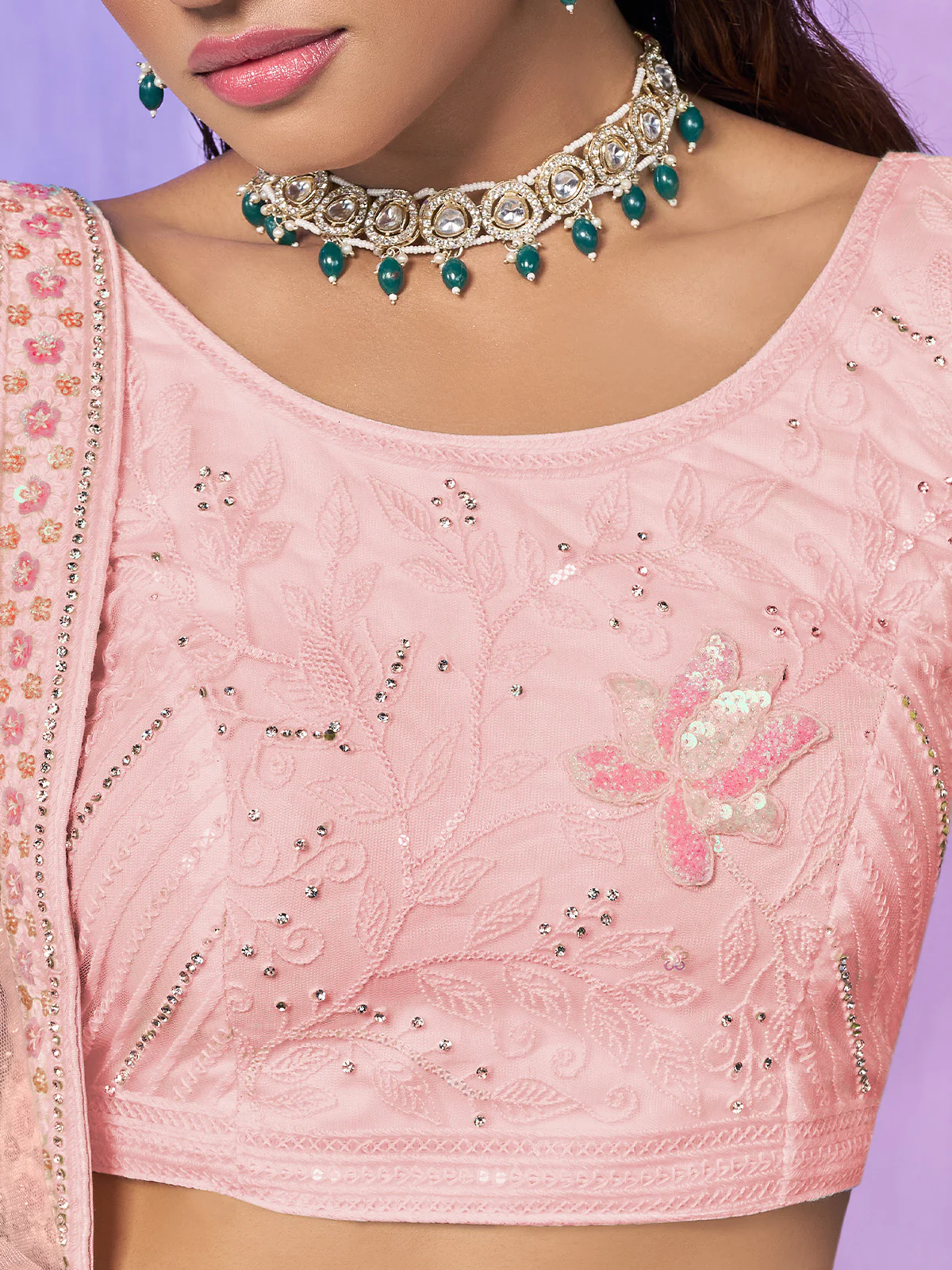 Odette Peach Embroidered Net Semi Stitched Lehenga With Unstitched Blouse  For Women - Image 5
